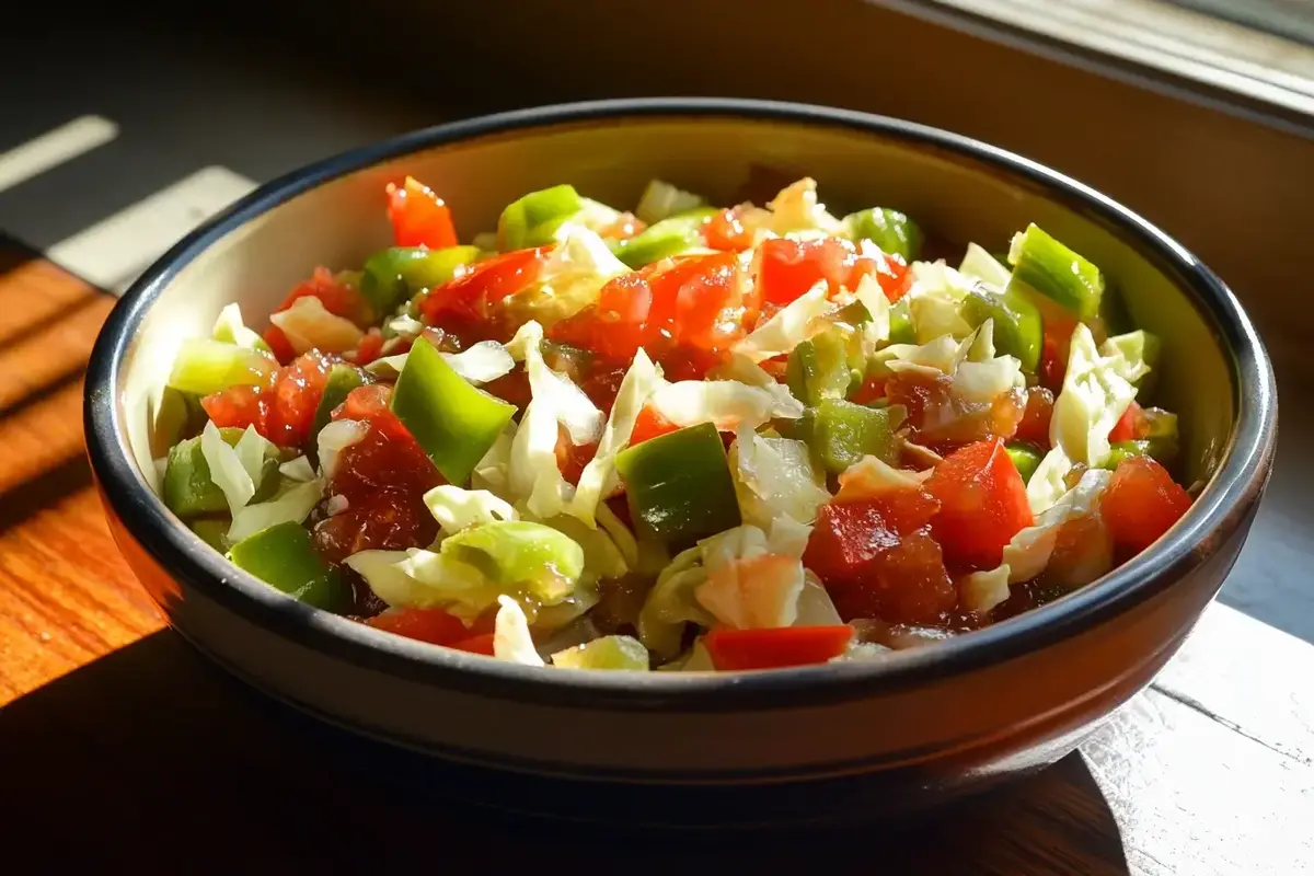 A colorful bowl of Southern chow chow relish in a rustic kitchen