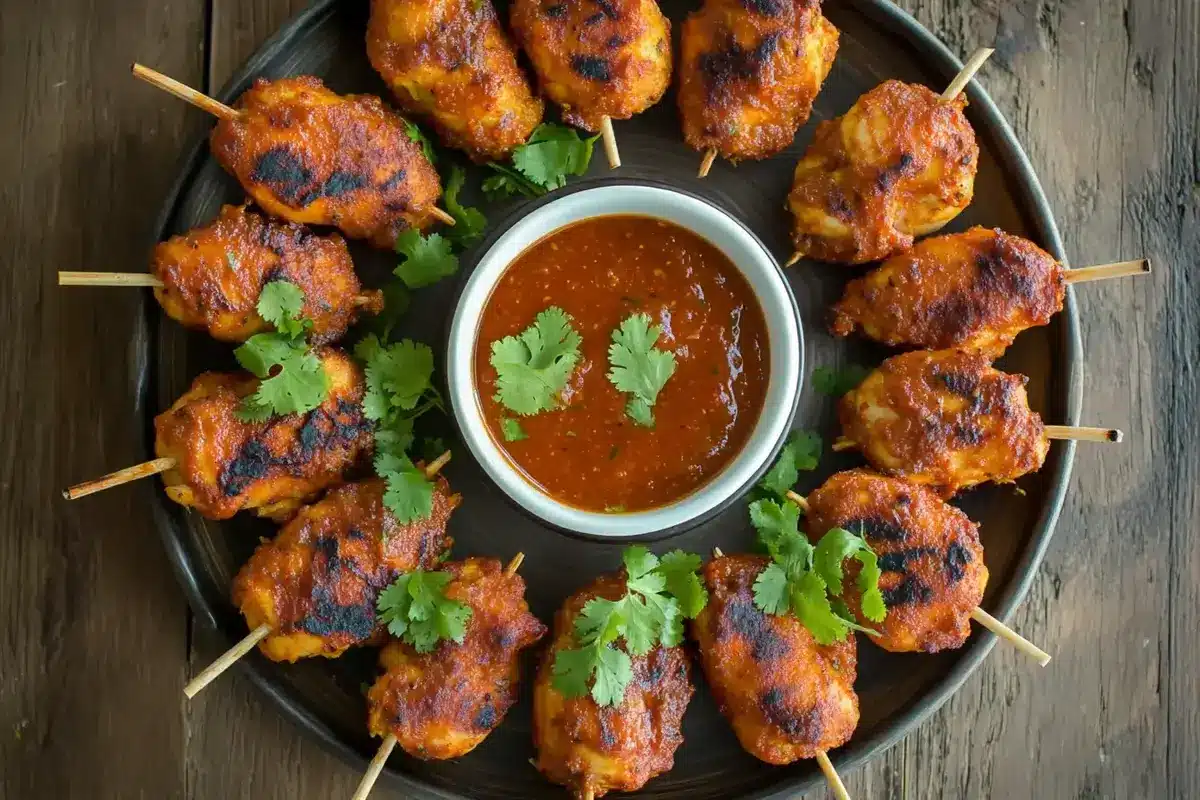 Golden crispy chicken lollipops served with spicy Schezwan sauce