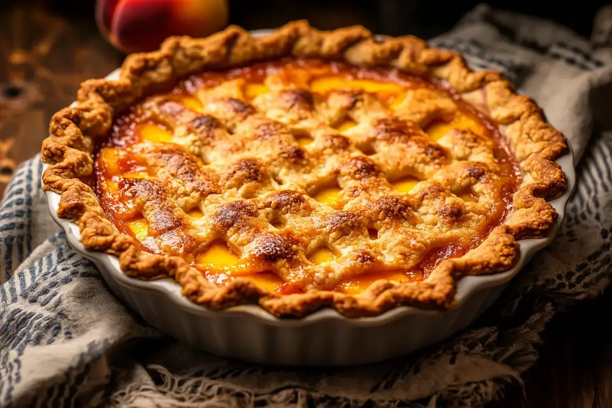 Golden baked peach crumble in a pie dish