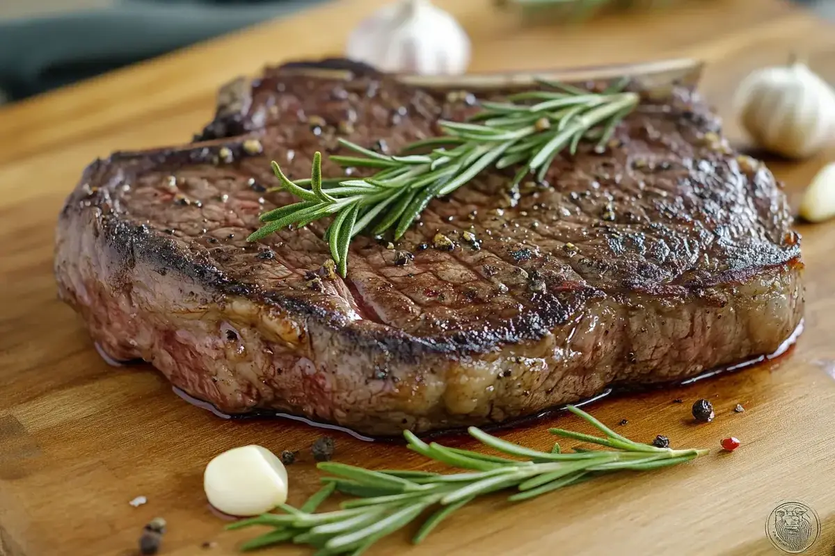 Perfectly cooked beef chuck eye steak garnished with rosemary