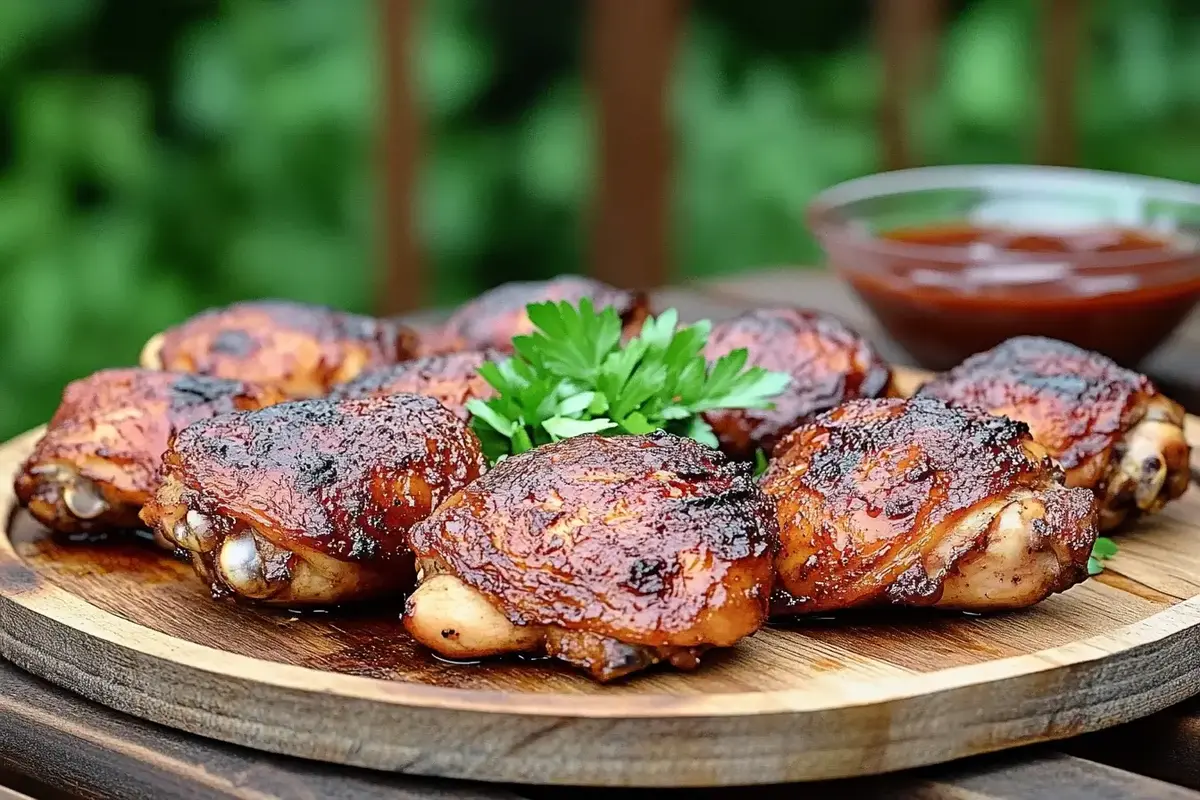 Smoked chicken drumsticks on a wooden platter with BBQ sauce
