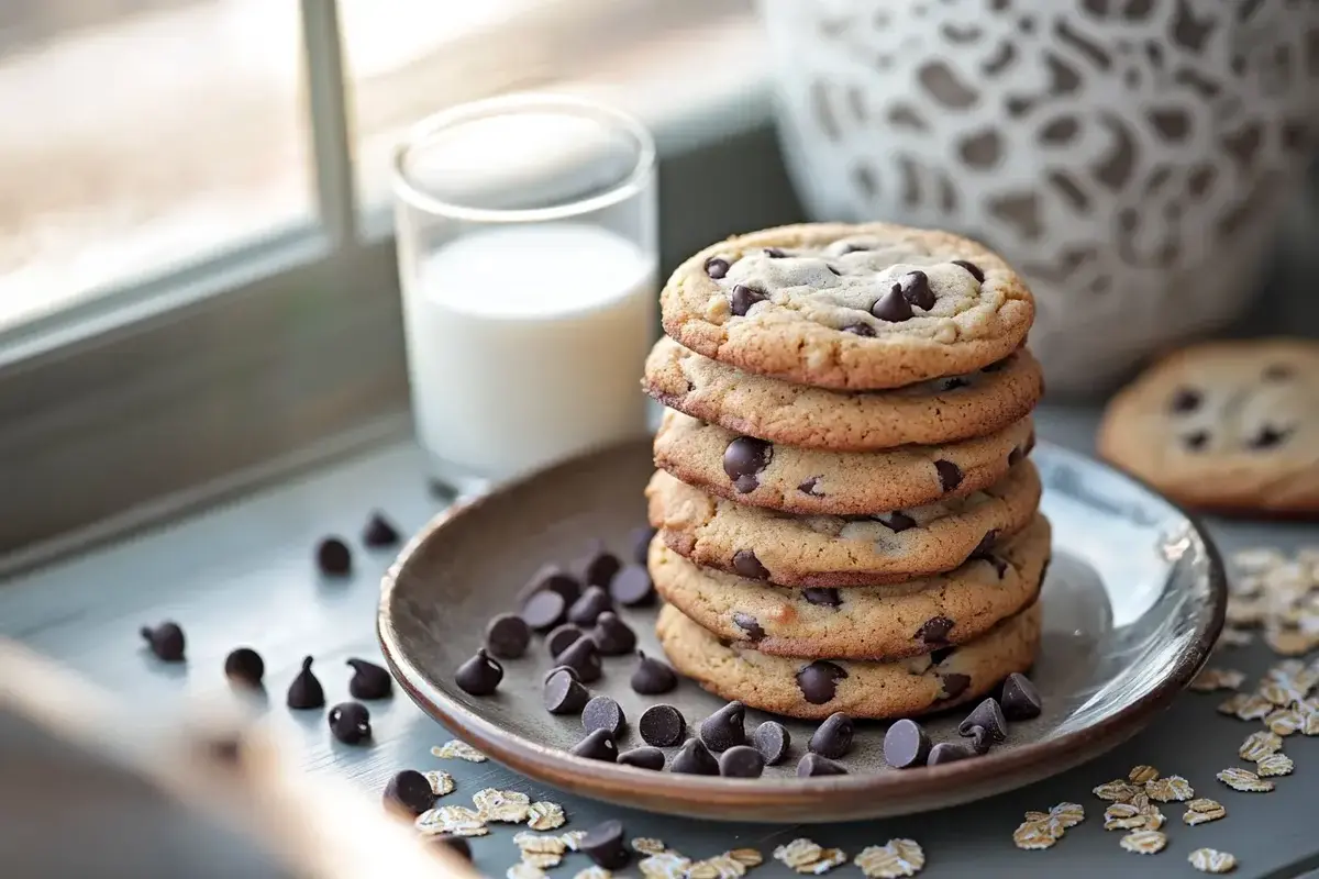 A stack of warm chookie cookies on a rustic plate, served with a glass of milk