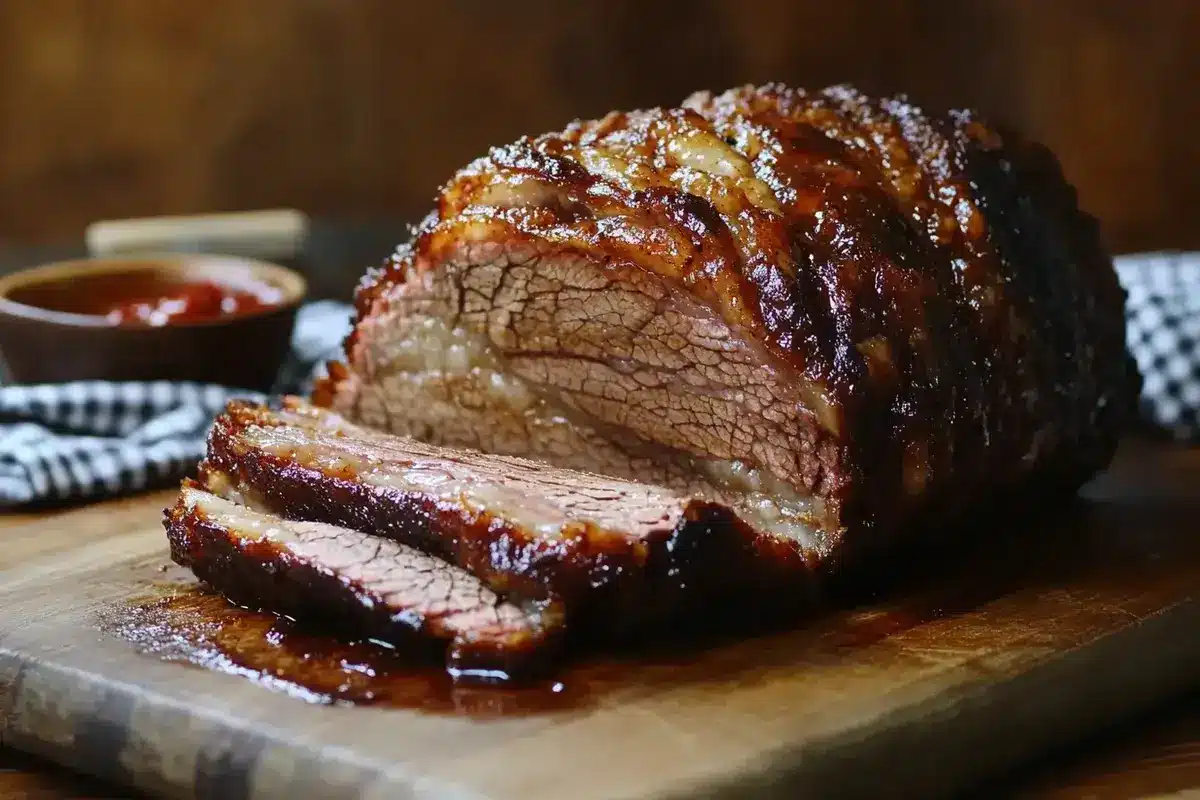Sliced brisket with a dark crust and juicy interior on a wooden board