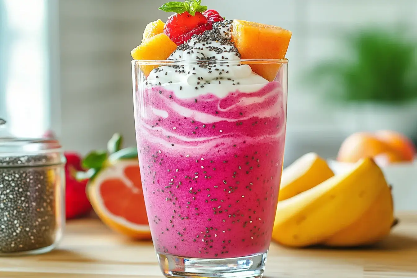 Smoothie with yogurt and fresh fruit in a glass