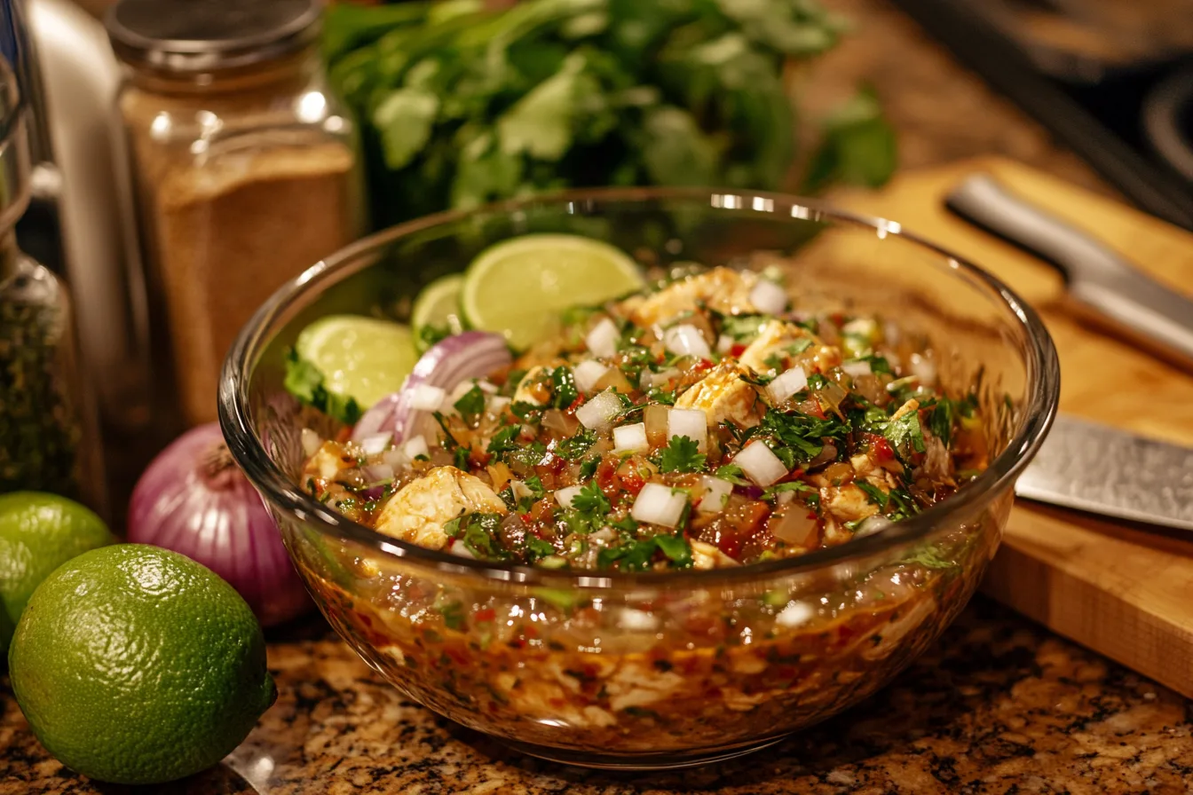 A glass bowl of chicken fajita marinade surrounded by fresh ingredients and spices on a Tex-Mex-themed countertop