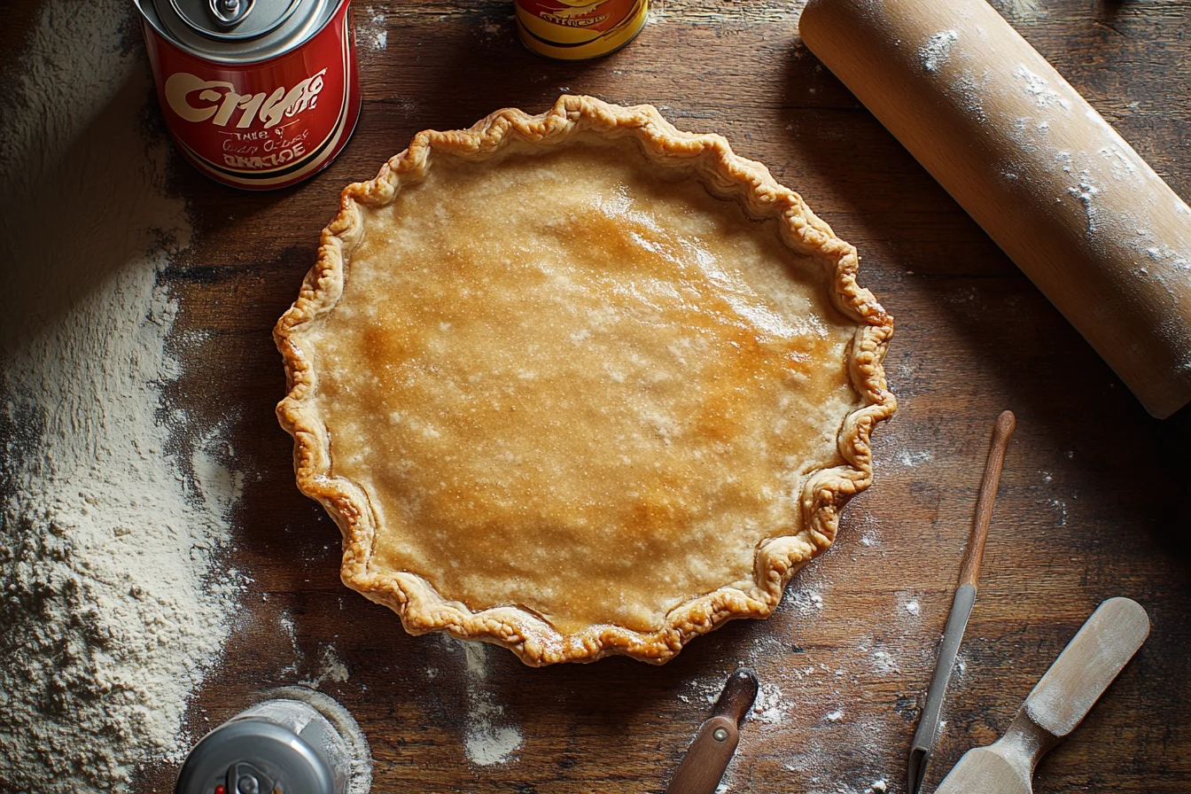 A golden, flaky Crisco pie crust with baking tools.