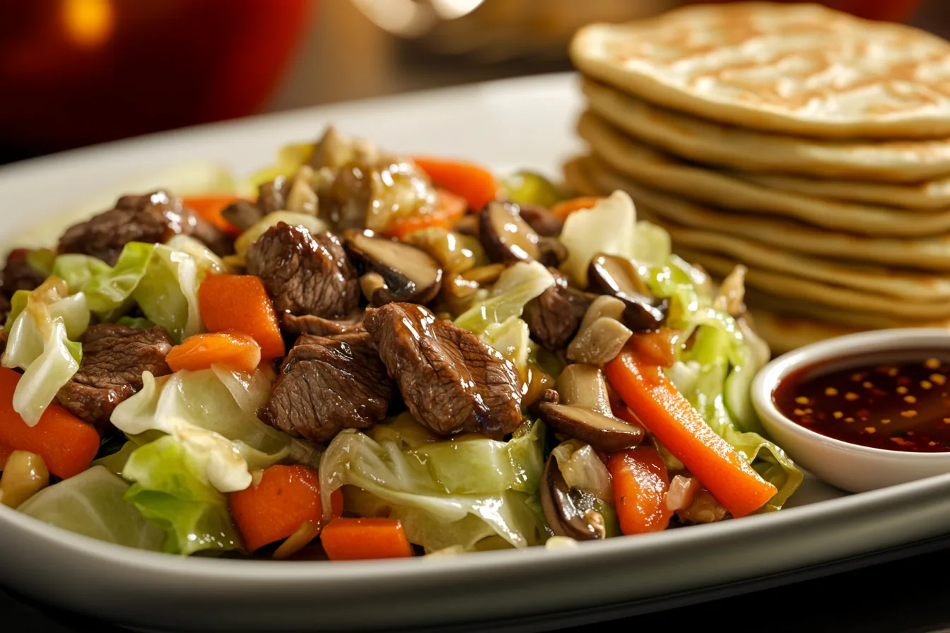 Authentic Moo Shu Beef with Mandarin pancakes and hoisin sauce