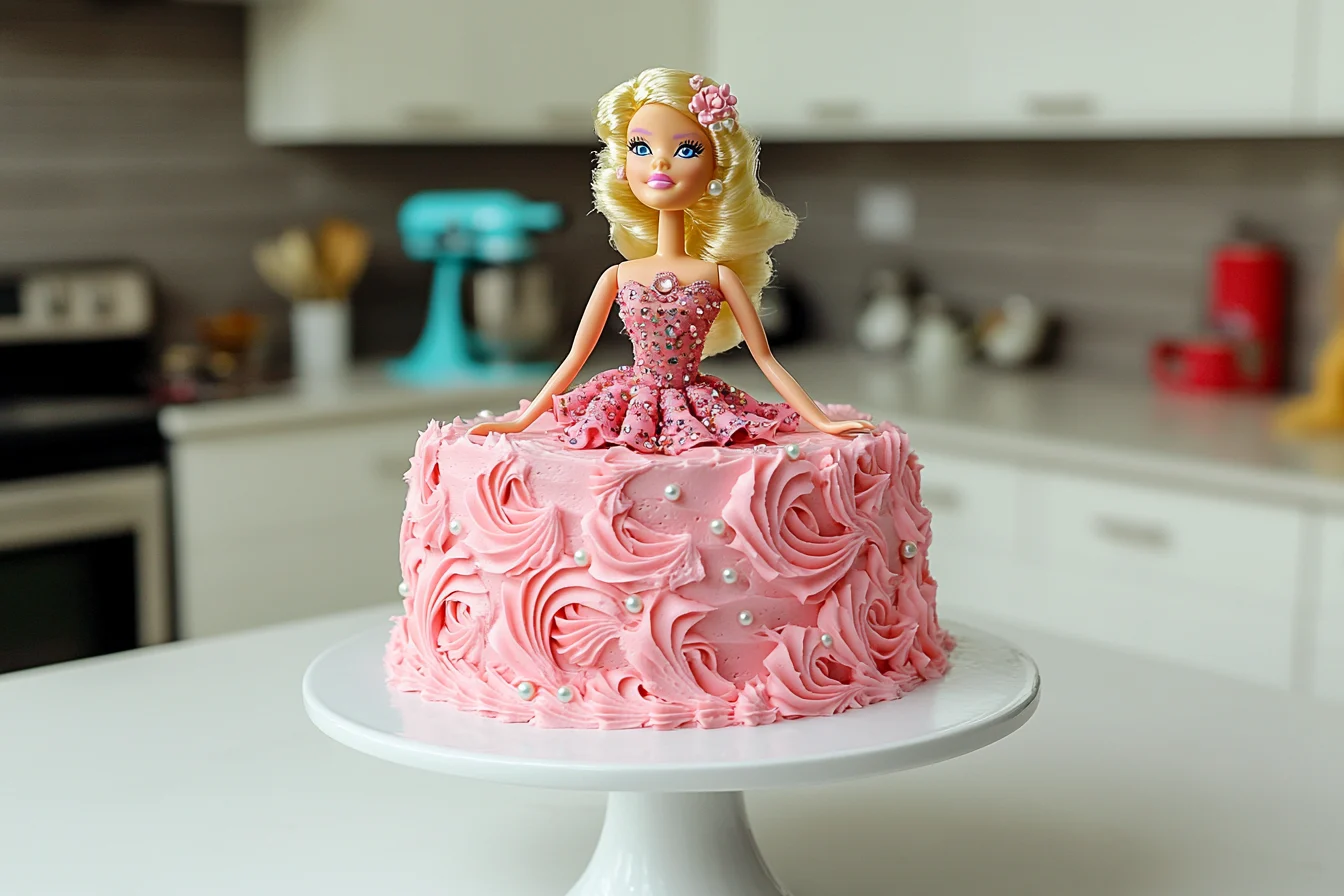 Beautifully decorated Barbie cake with pink frosting and pearl accents