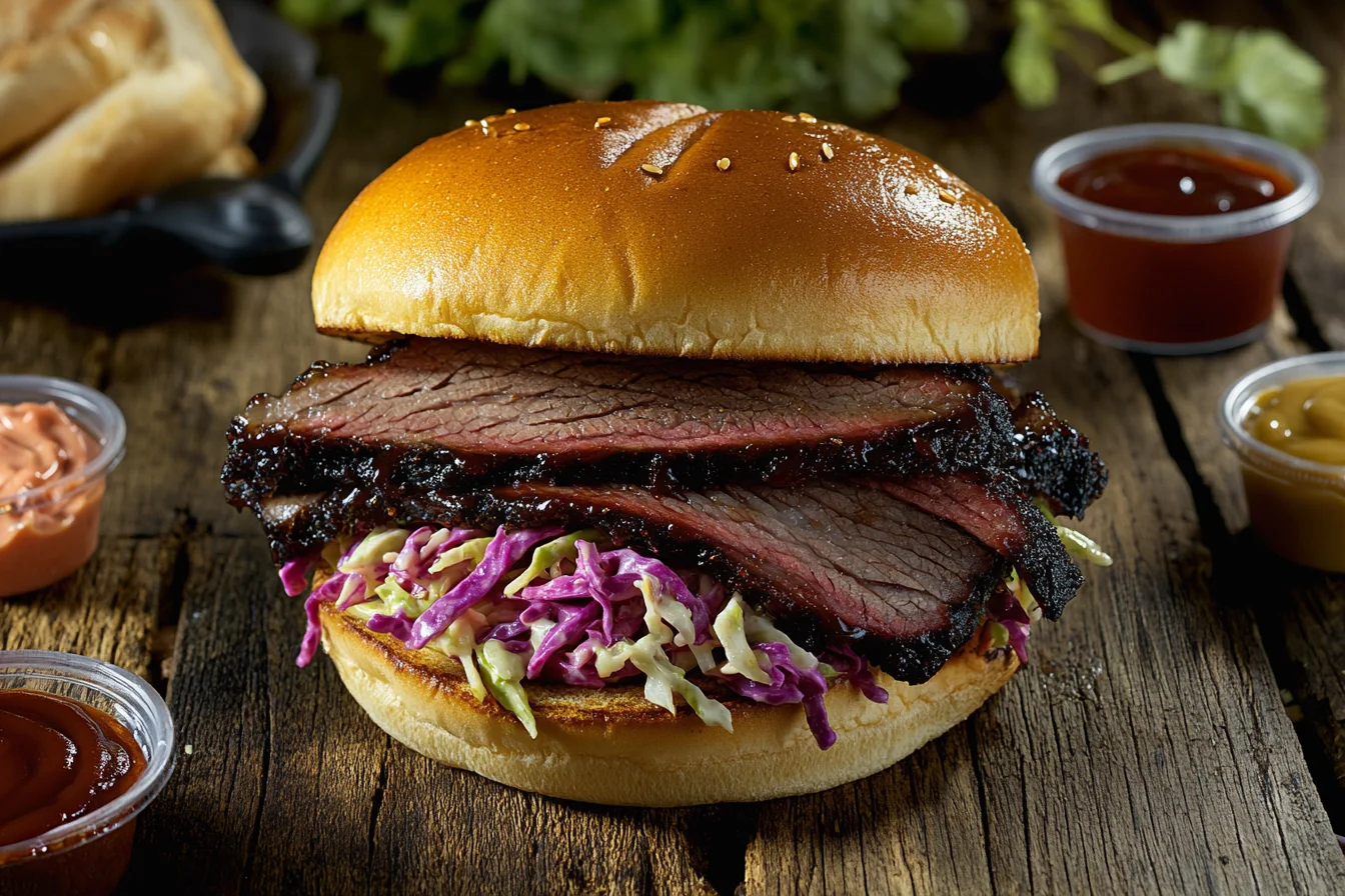 Beef brisket sandwich with coleslaw and BBQ sauce on a brioche bun