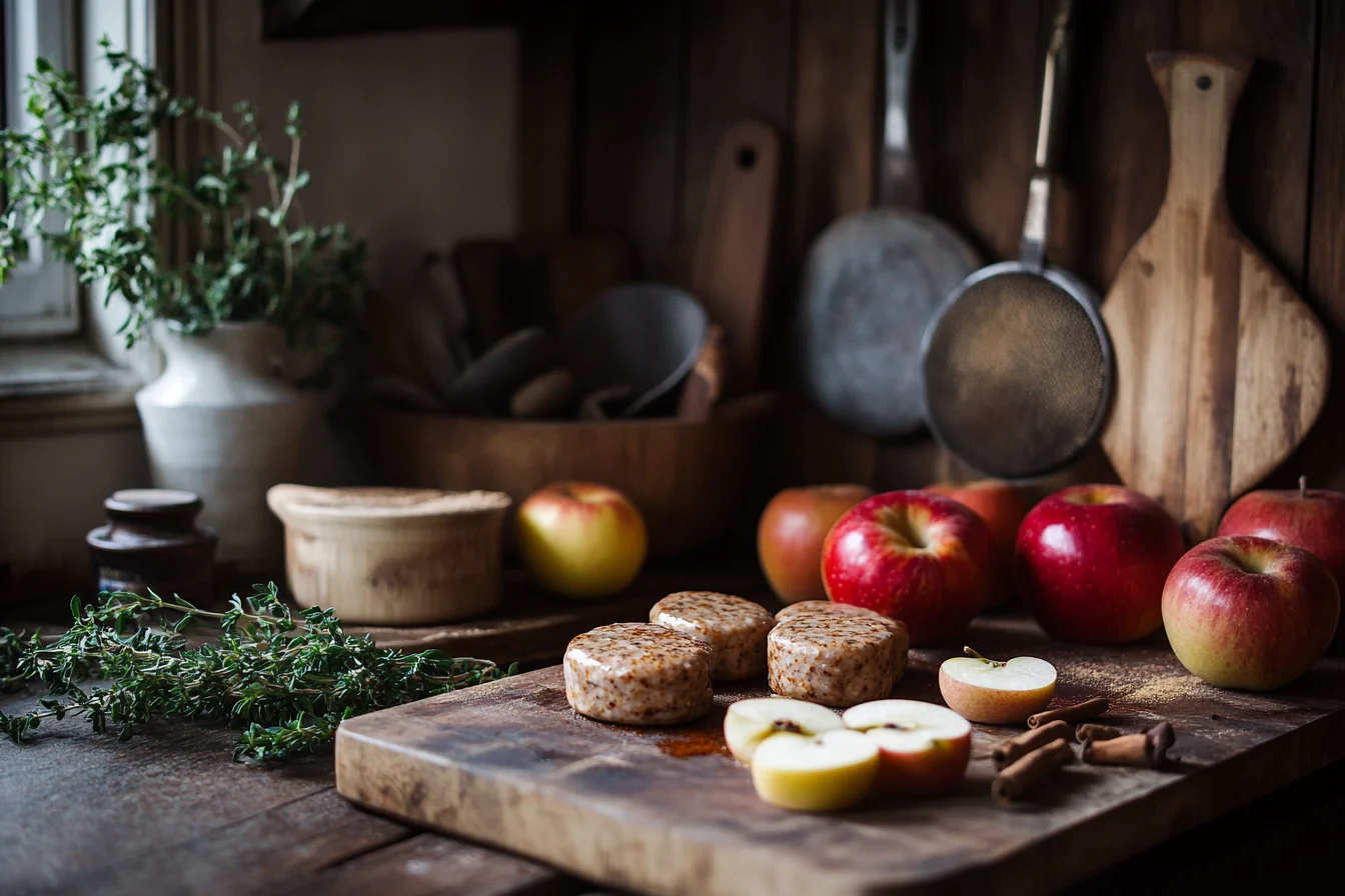 Chicken apple sausage links with apples and fresh thyme on a rustic kitchen counter