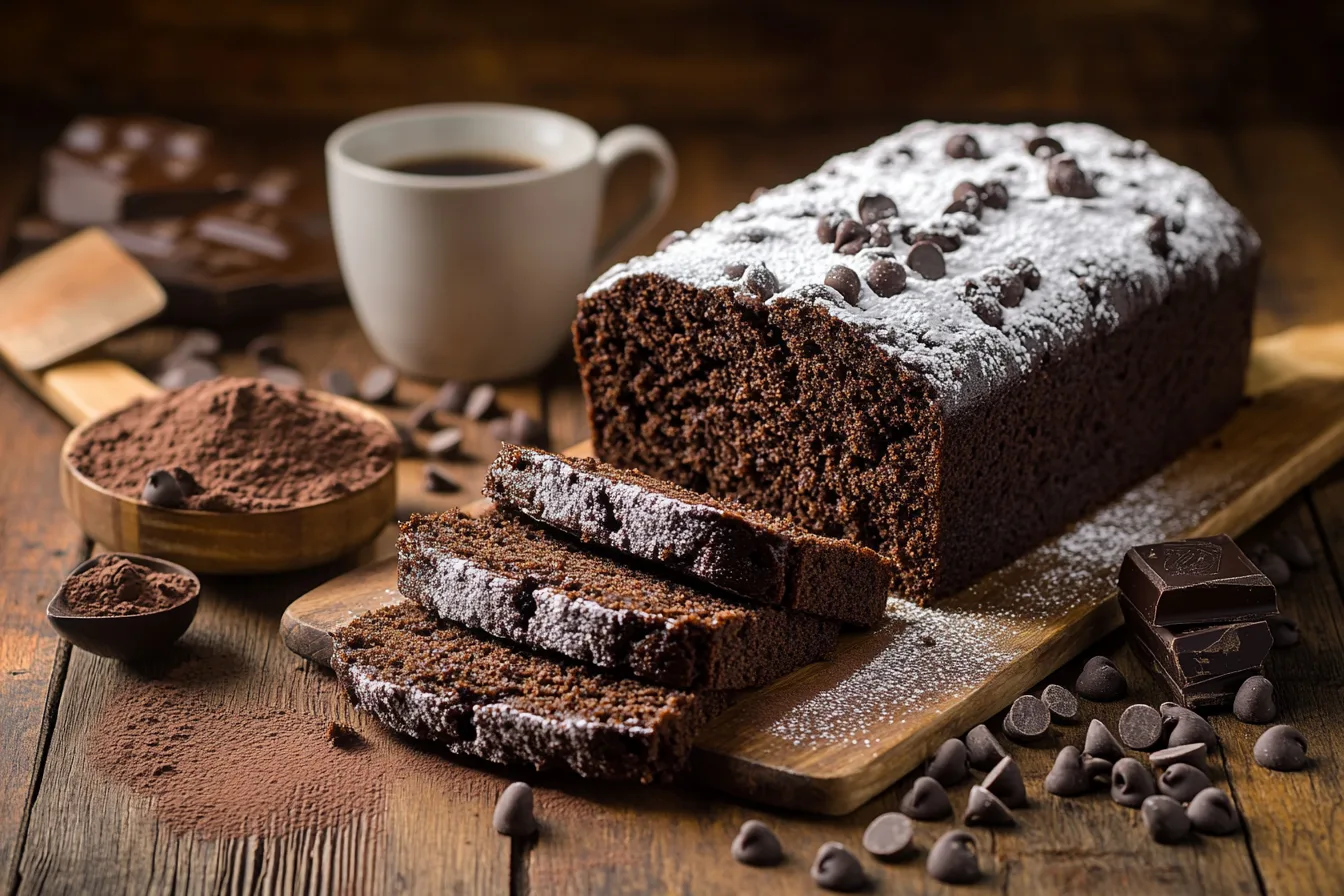 Chocolate pound cake dusted with powdered sugar on a rustic wooden table.
