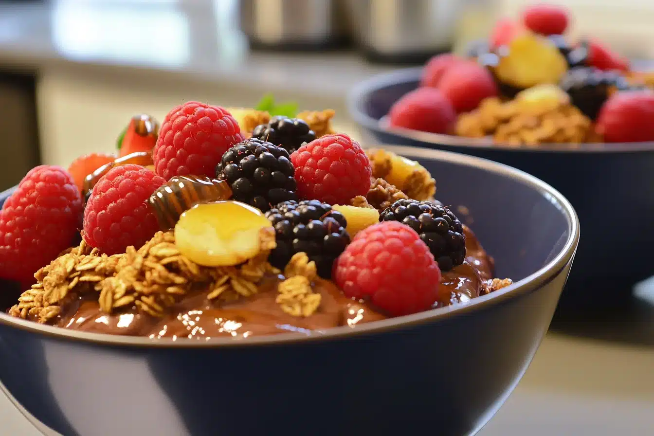 Chocolate protein pudding with berries and granola