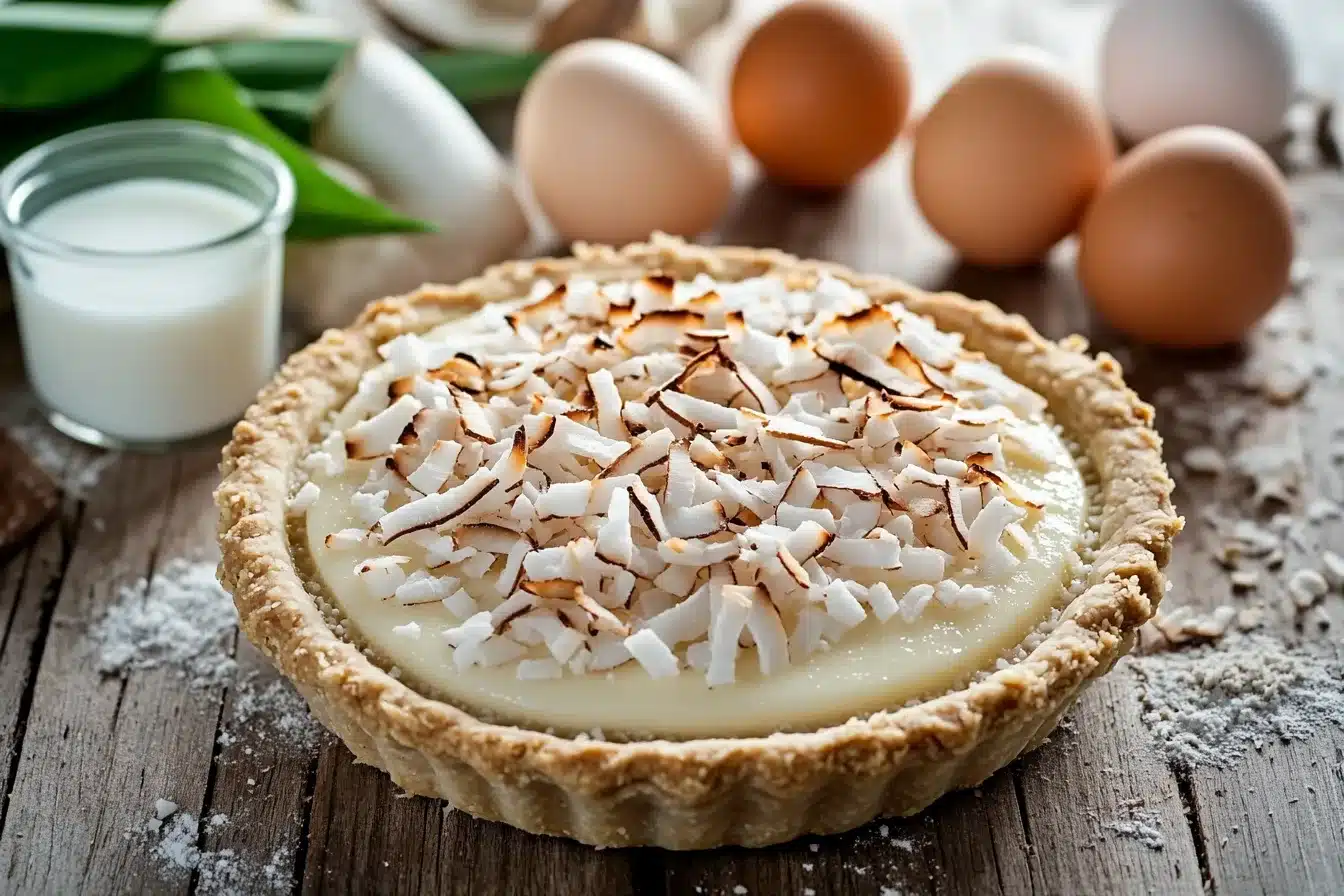 Coconut impossible pie with golden crust and toasted coconut