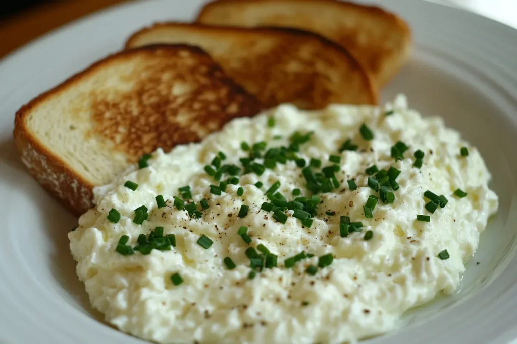 Cottage Cheese Eggs: The Best High-Protein Breakfast You’ll Love 4 Scrambled Cottage Cheese Eggs mit Toast