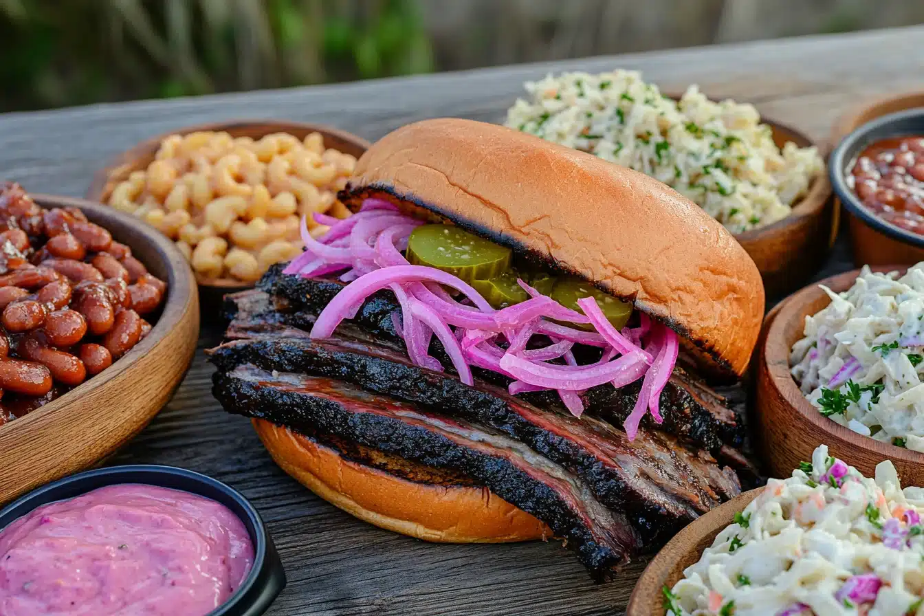 A brisket sandwich with coleslaw, baked beans, and mac and cheese on a rustic wooden table