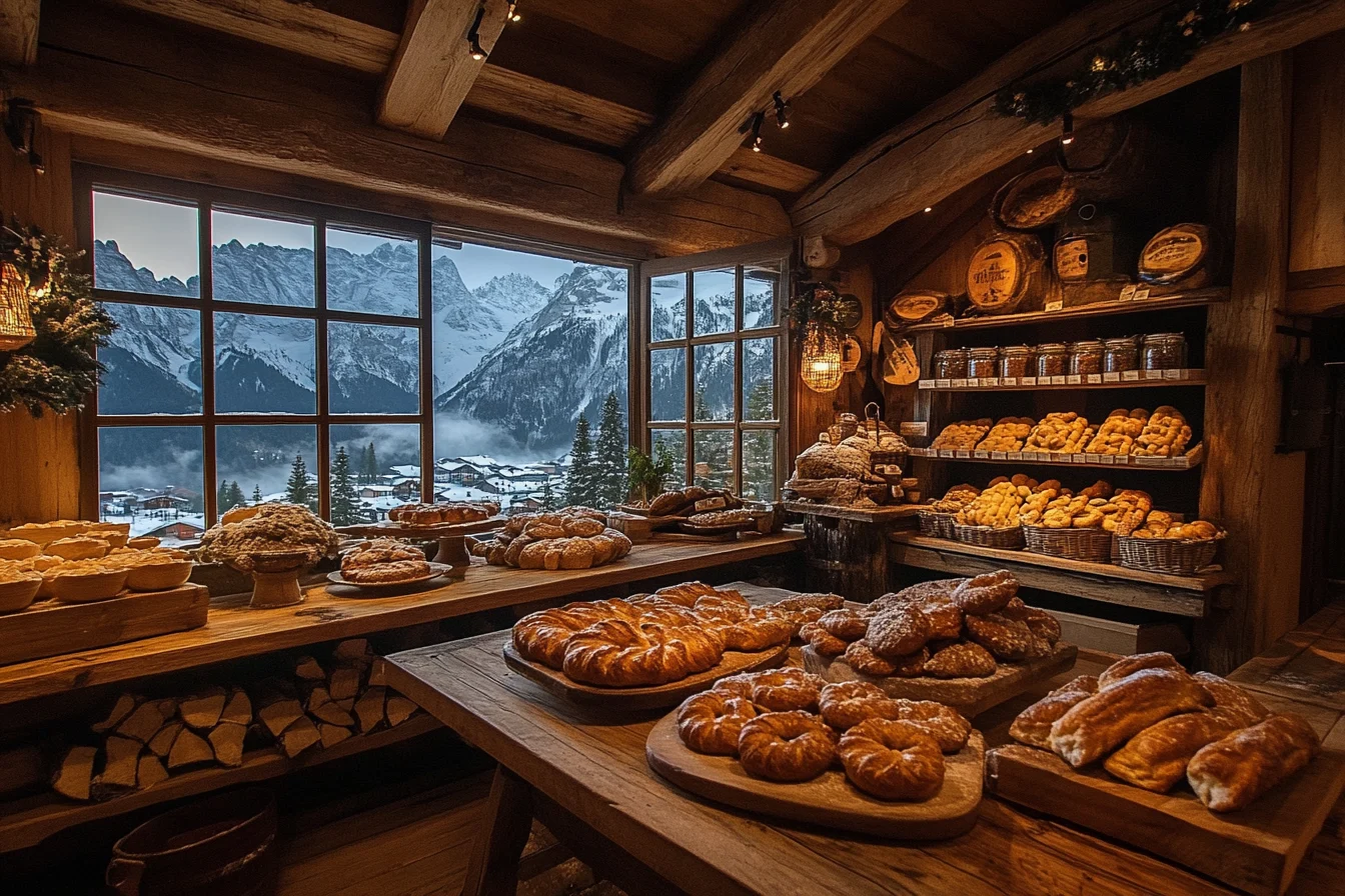 Freshly baked Gipfeli in a Swiss bakery setting with alpine scenery in the background