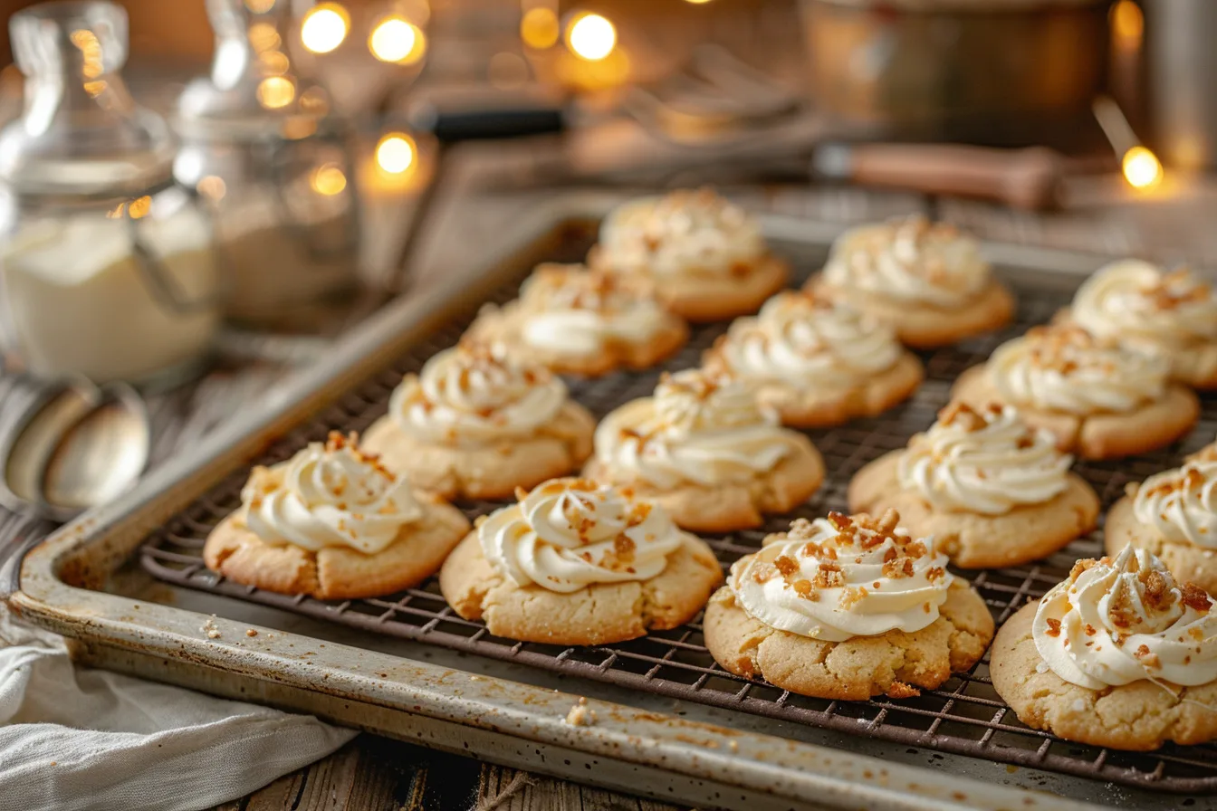 Golden cheesecake cookies garnished with cream cheese swirls on a rustic table
