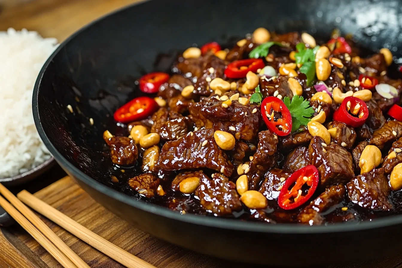 Kung Pao Beef served in a wok with peanuts and chilies
