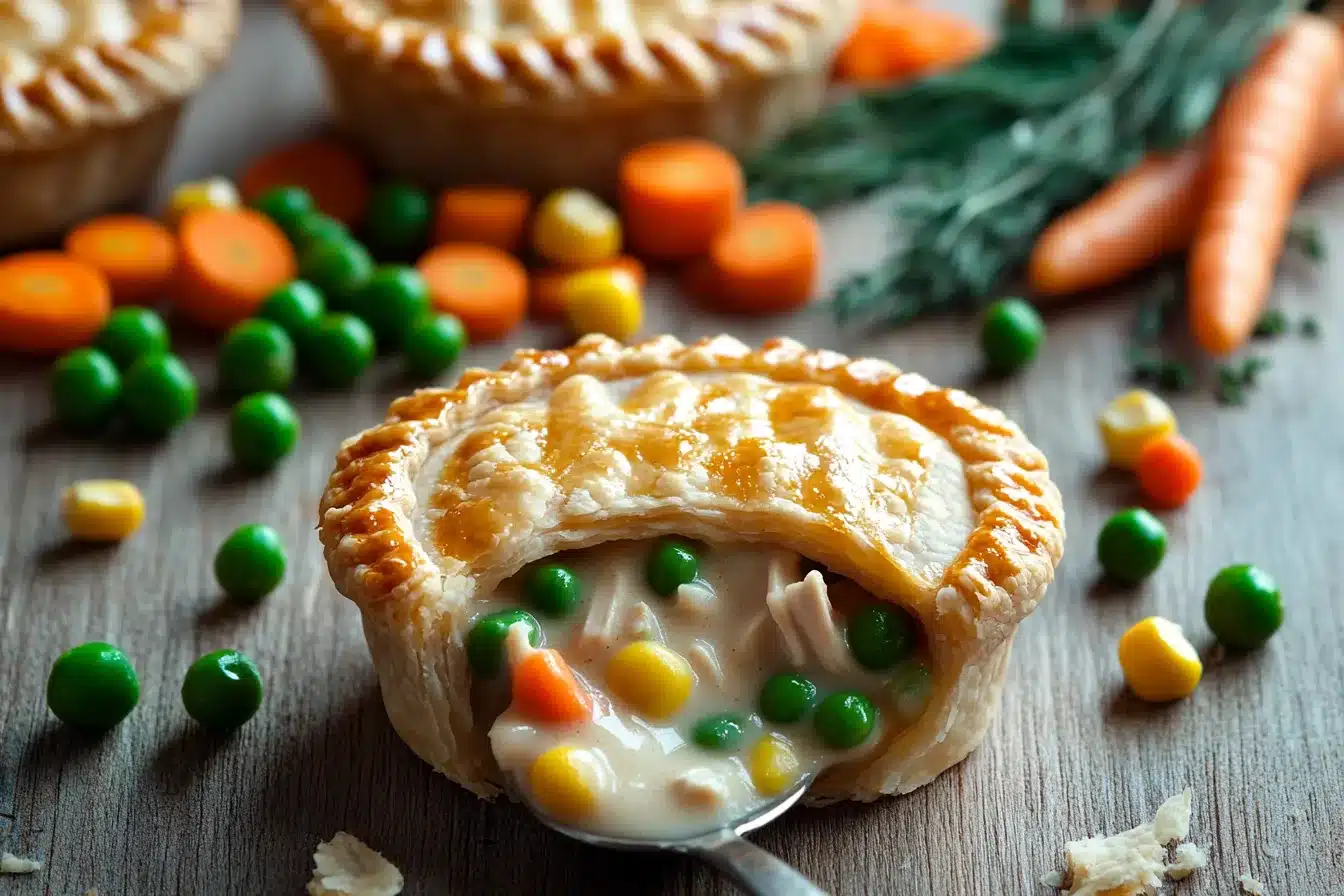 Mini chicken pot pies with golden crusts on a rustic table