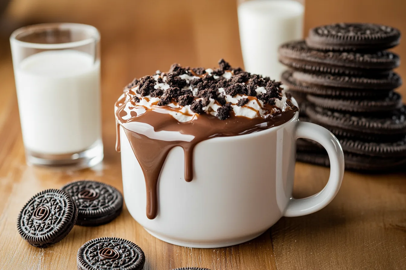 Oreo mug cake in a white mug topped with crushed Oreos and chocolate syrup.