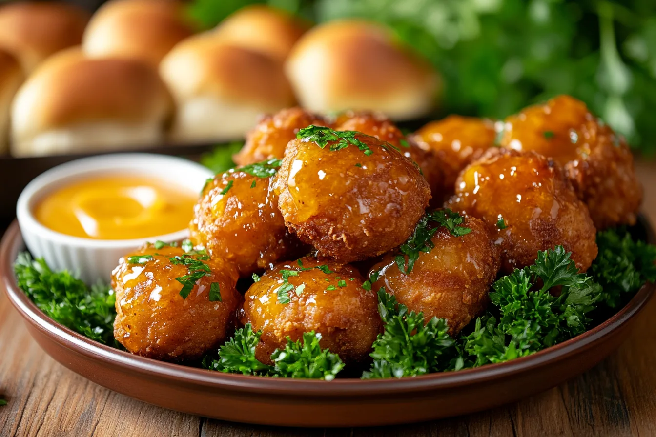 Plate of golden chicken minis on fluffy rolls with honey butter glaze