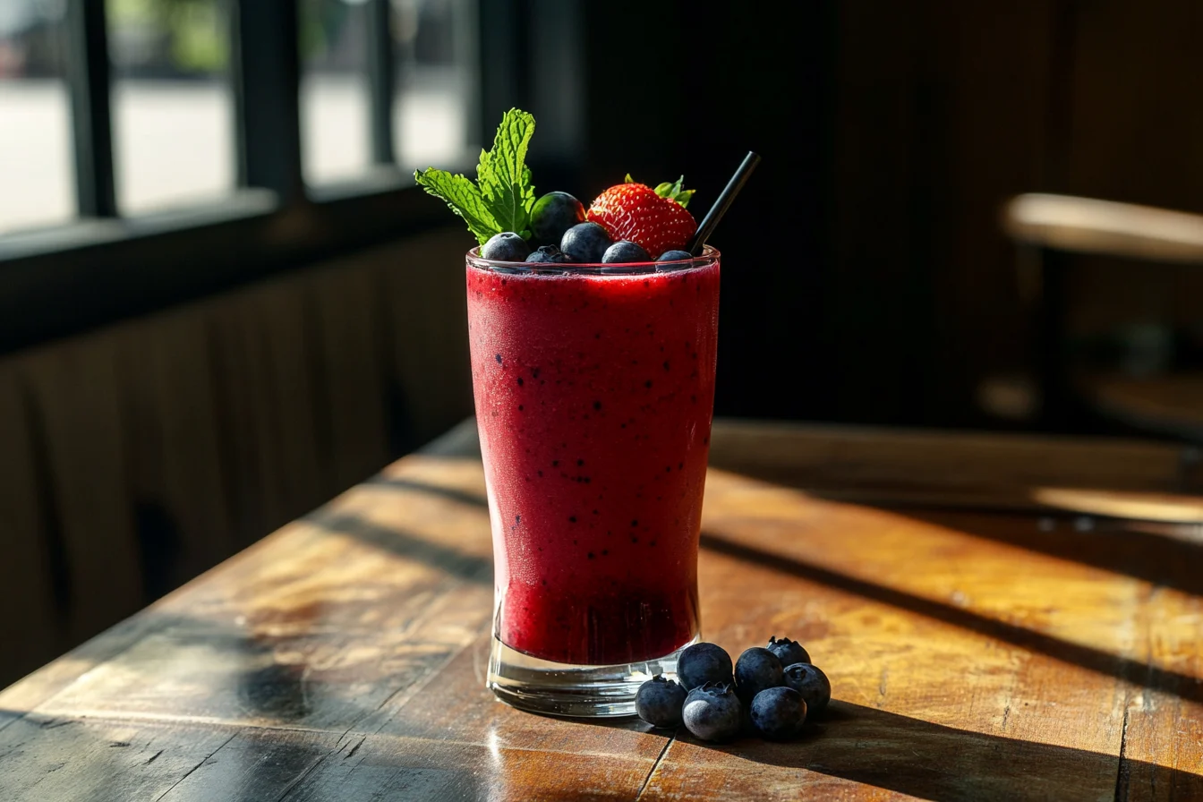 Strawberry blueberry smoothie garnished with fresh berries and mint