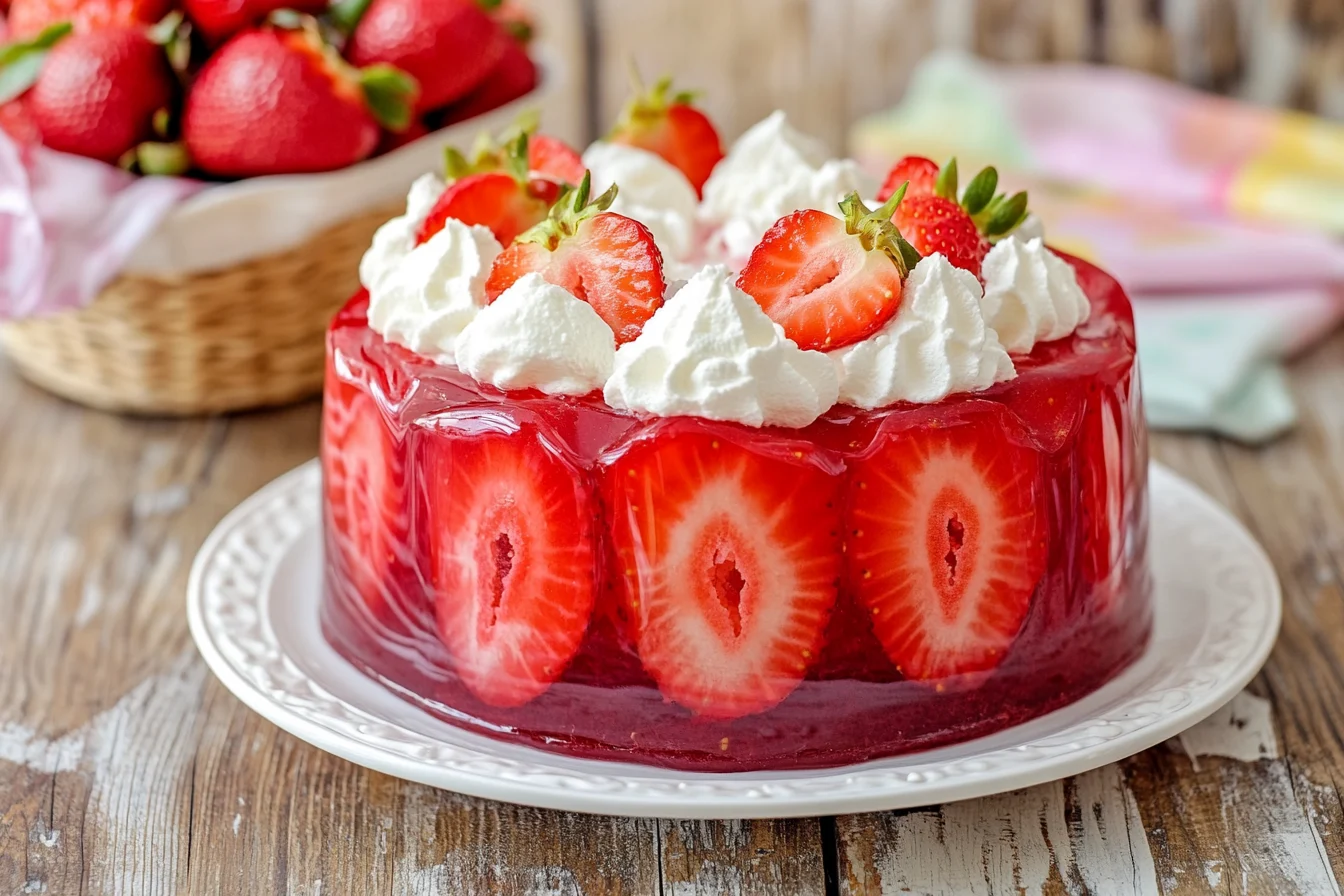 Strawberry poke cake topped with whipped cream and fresh strawberries