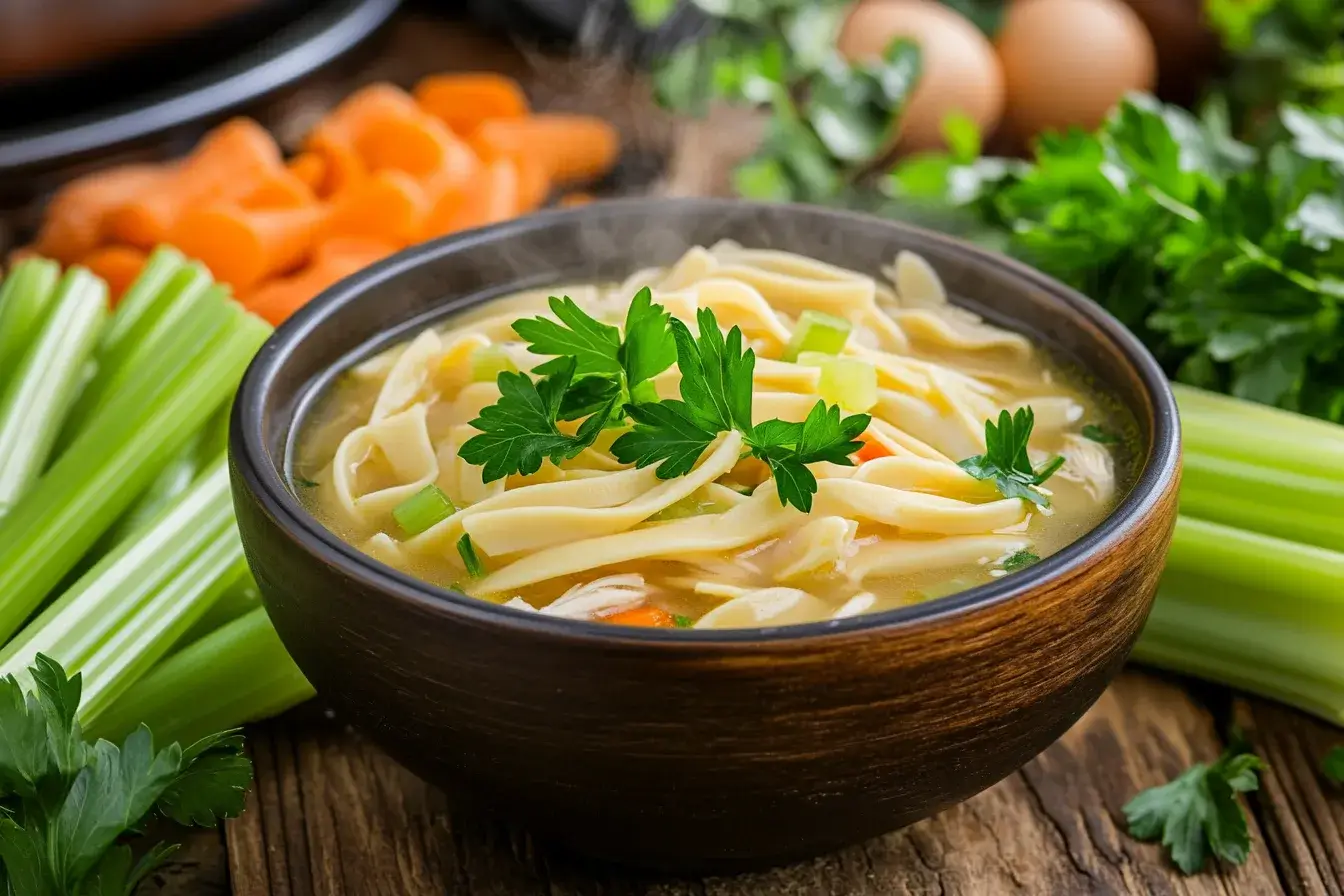 A bowl of grandma's chicken noodle soup with fresh vegetables