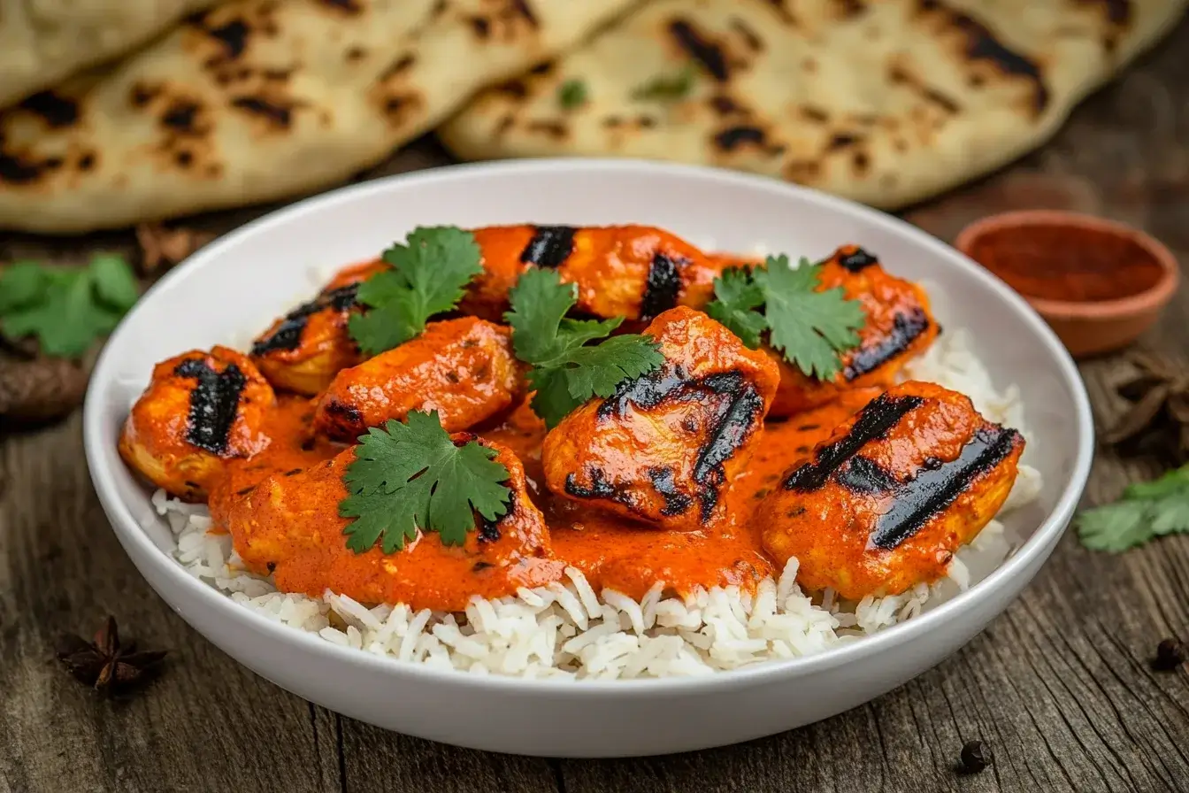 Chicken tikka masala served with basmati rice and naan bread