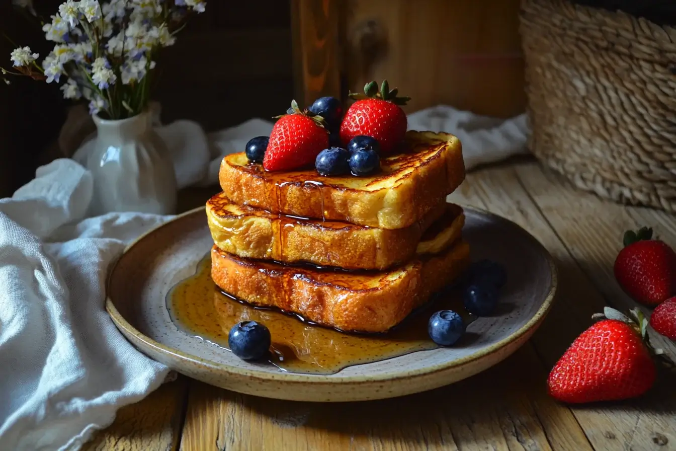 Plate of sourdough French toast topped with fresh berries and maple syrup