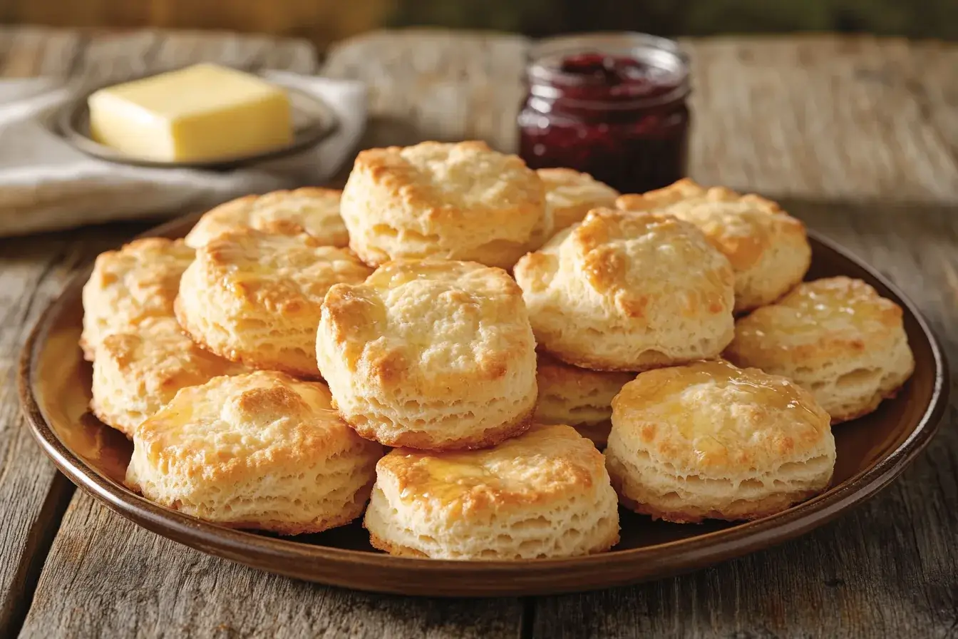 A plate of freshly baked Cracker Barrel biscuits with butter and jam