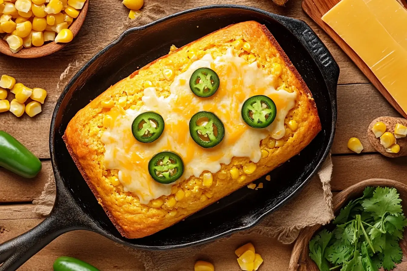 Freshly baked Jiffy Mexican Cornbread in a skillet