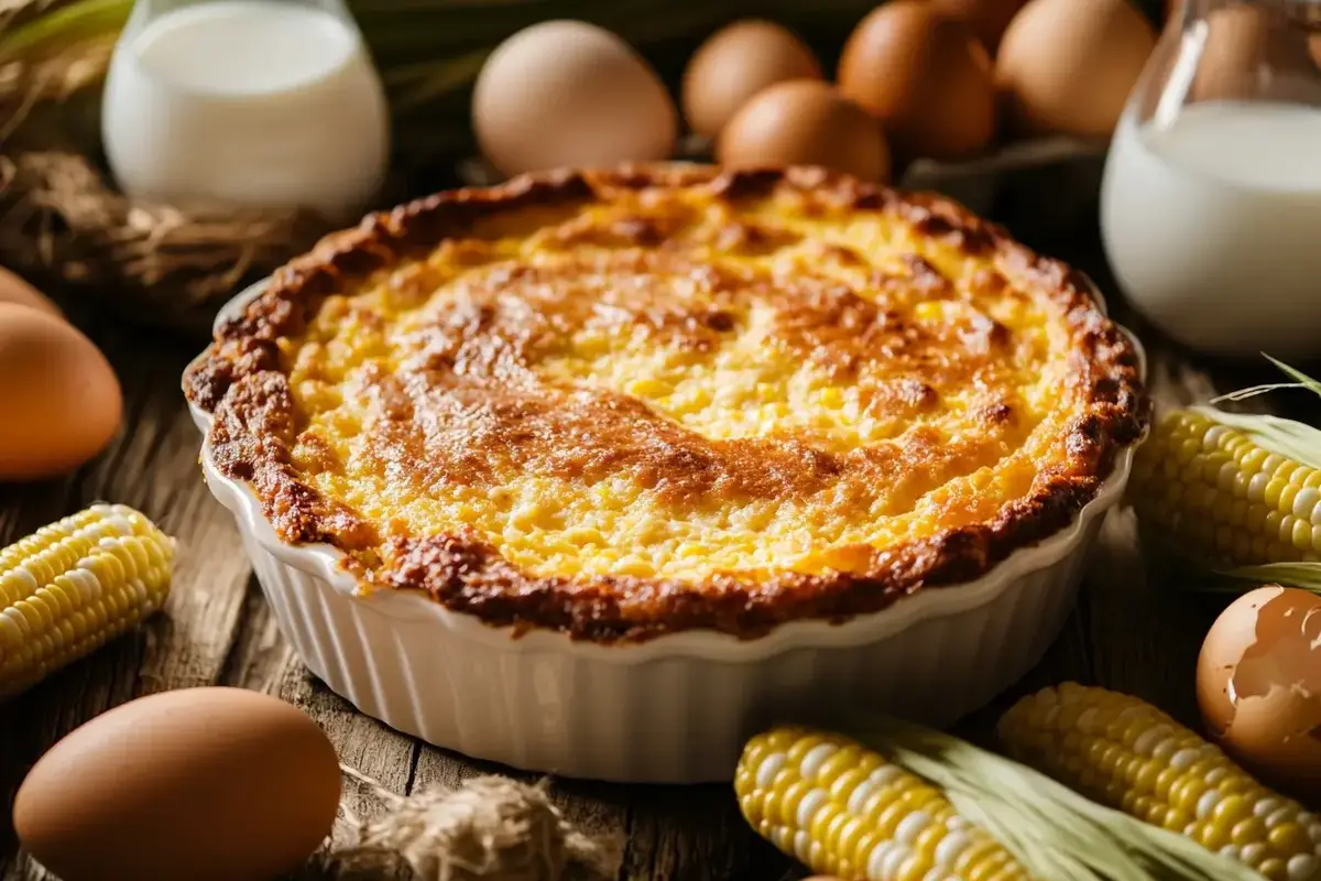 Freshly baked cornbread pudding in a rustic baking dish