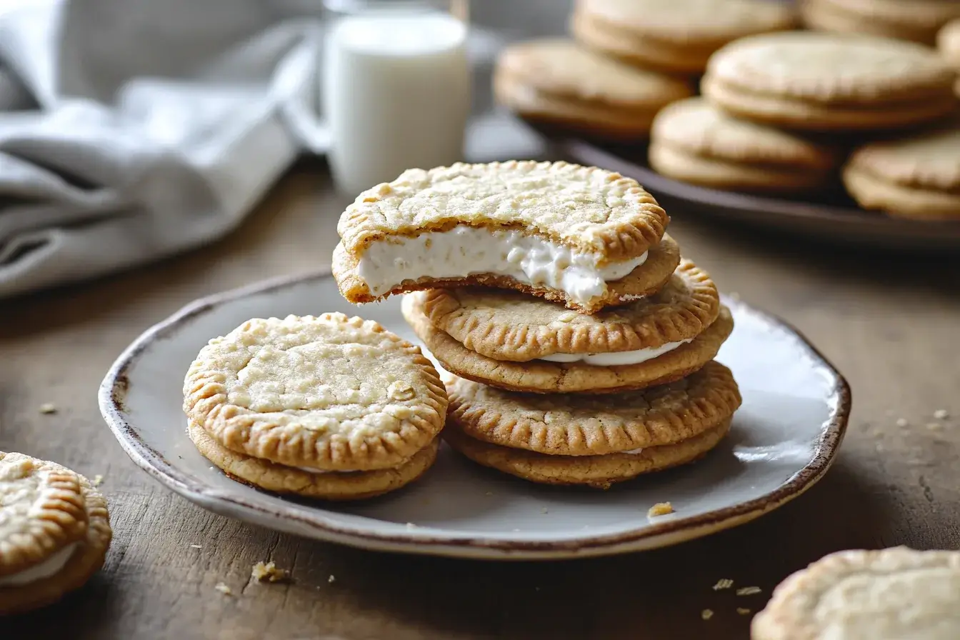 Homemade oatmeal cream pies stacked with a glass of milk