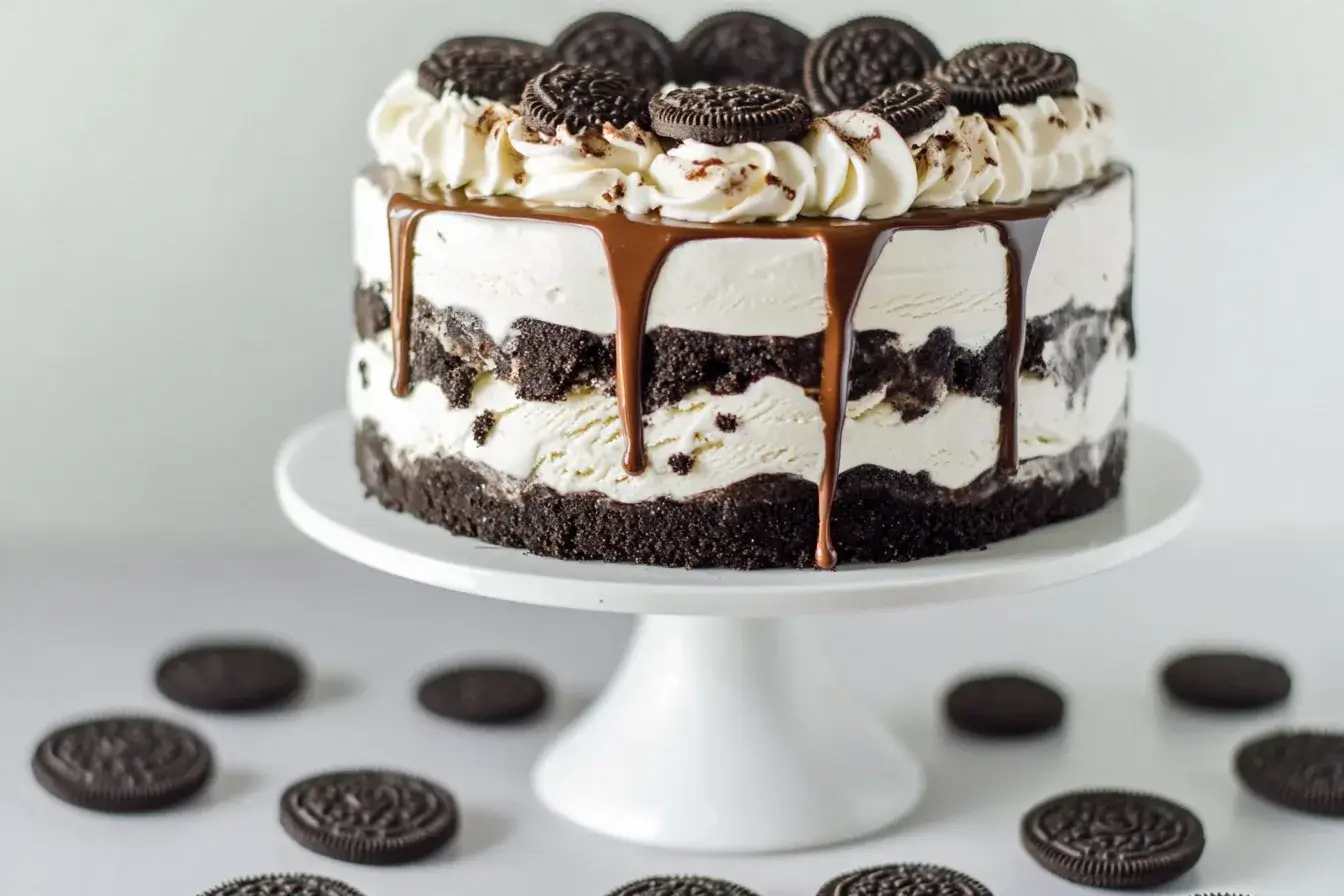 A perfectly layered Oreo ice cream cake with chocolate drizzle and whipped topping