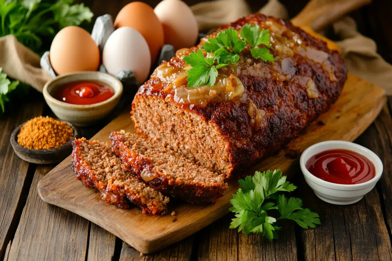 Perfectly baked Lipton onion soup meatloaf sliced and garnished