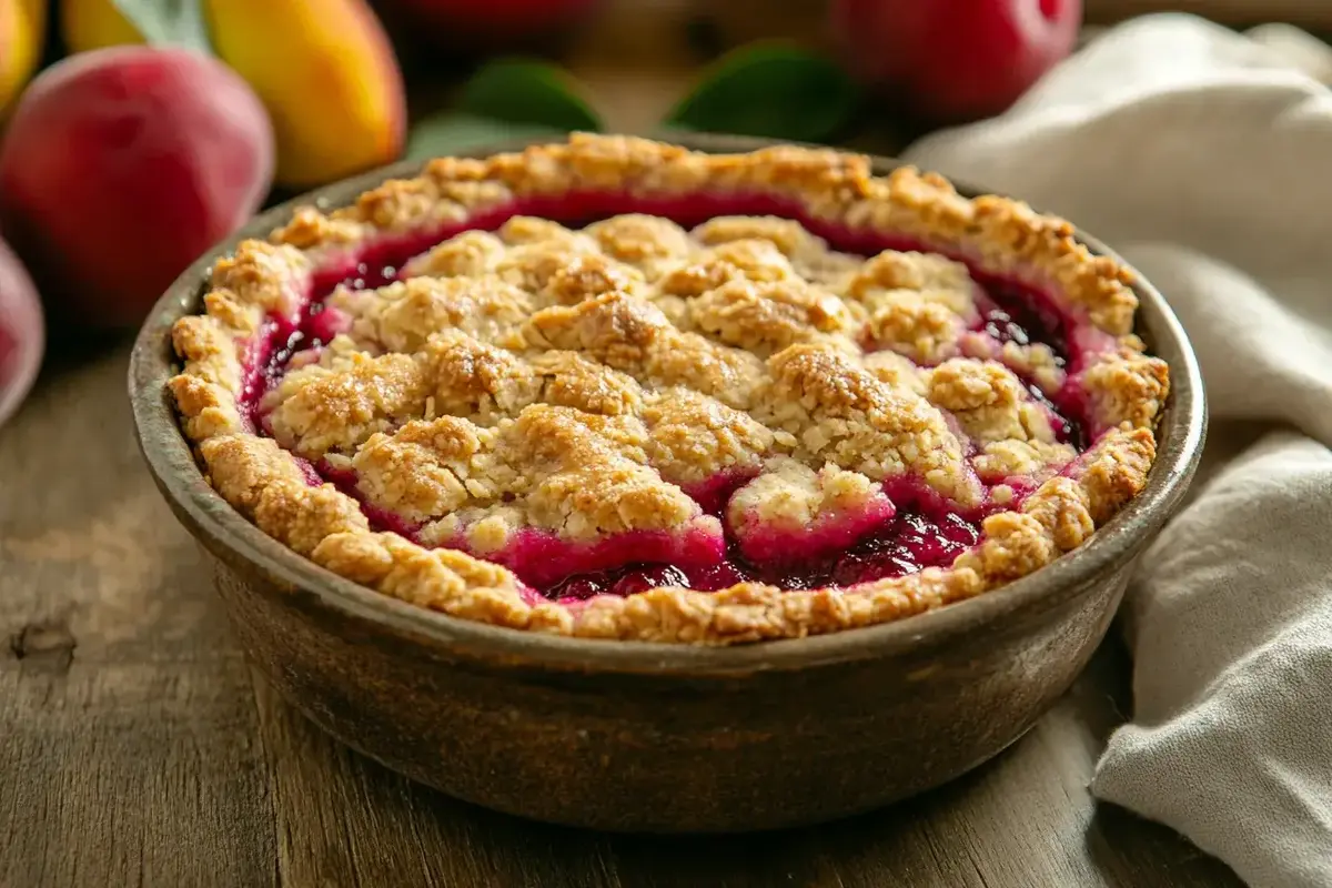 A golden baked crumble dessert with fruit filling