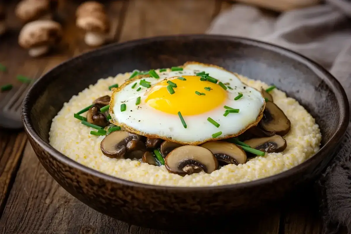 A rustic breakfast table featuring a steaming bowl of creamy grits topped with a fried egg, sautéed mushrooms, and fresh chives