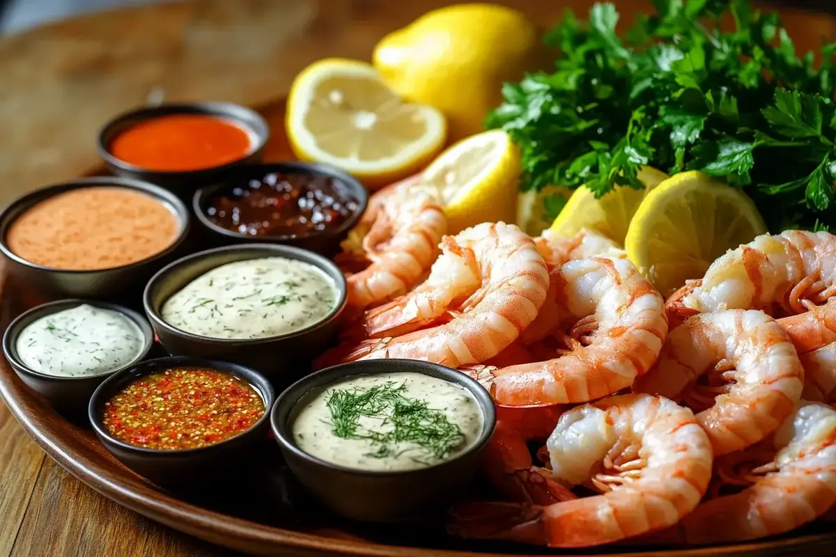 Shrimp platter with a variety of sauces, garnished with lemon and parsley