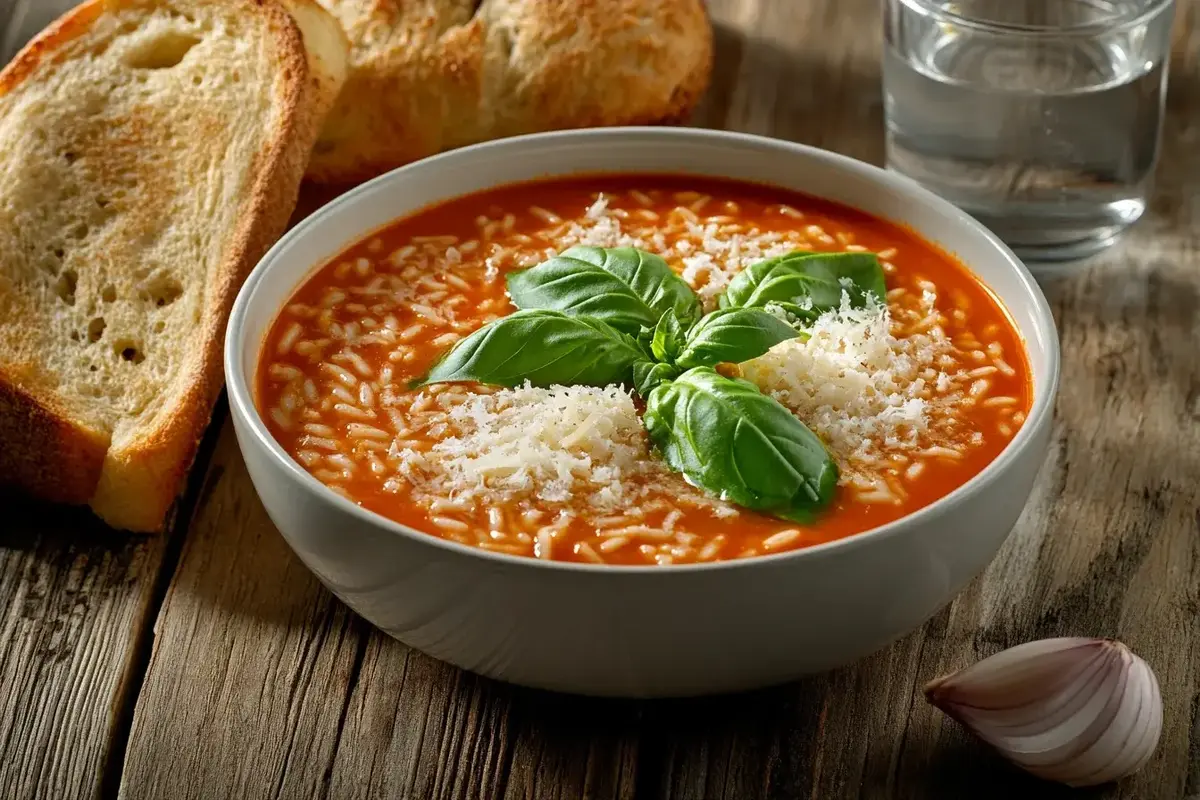 A bowl of tomato rice soup garnished with basil and Parmesan on a rustic table