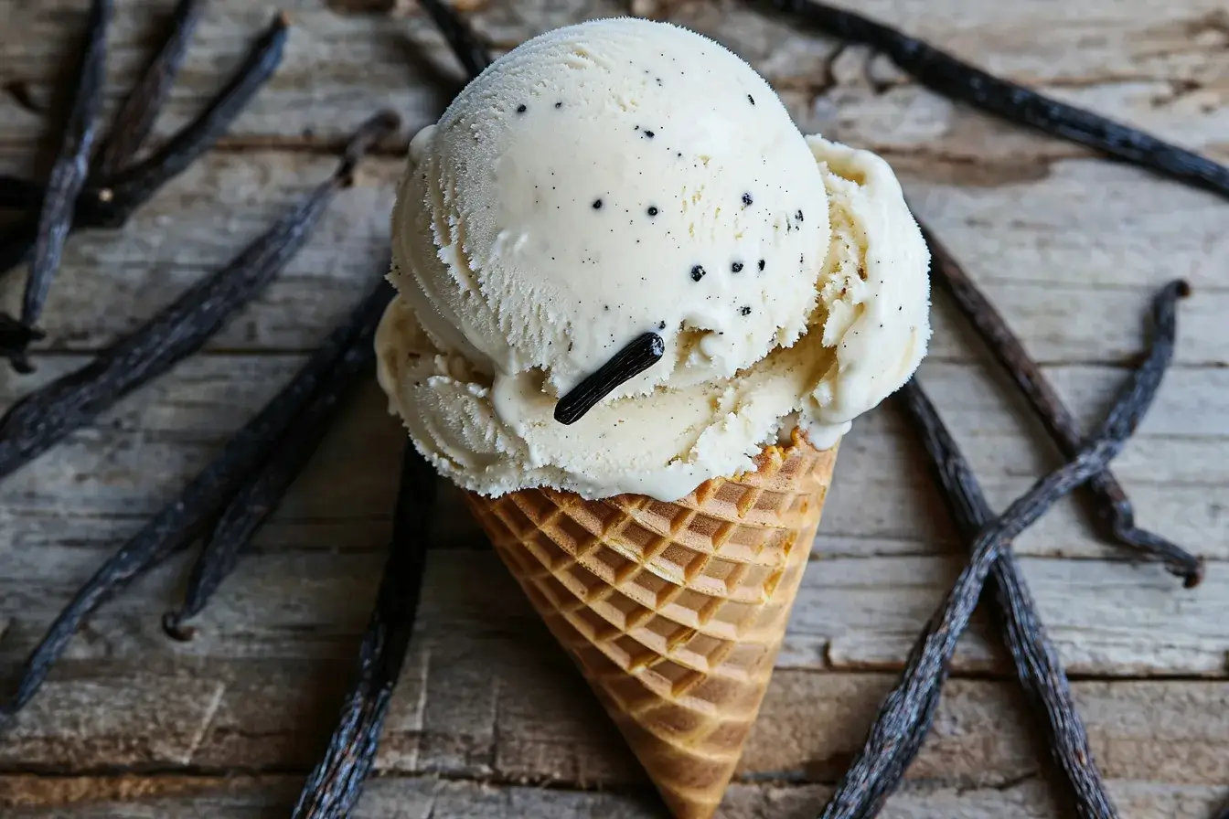 Scoop of vanilla bean ice cream in a waffle cone with vanilla pods