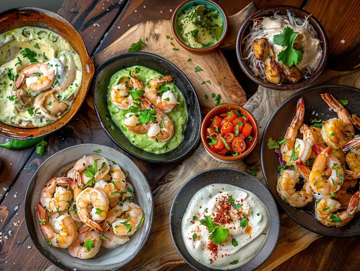 best sauce to eat with shrimp variety on rustic table