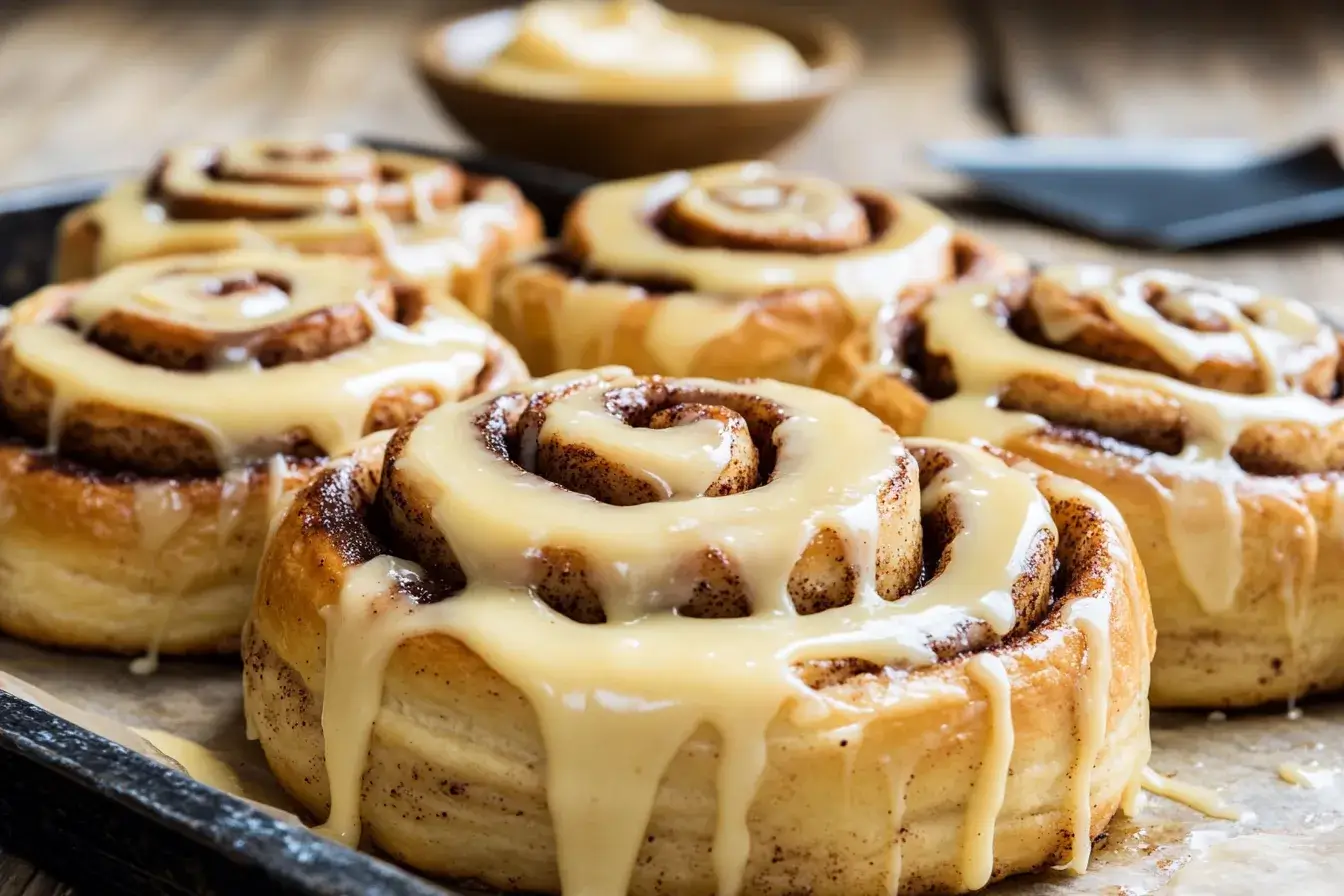Freshly baked cinnamon rolls with cream cheese icing.