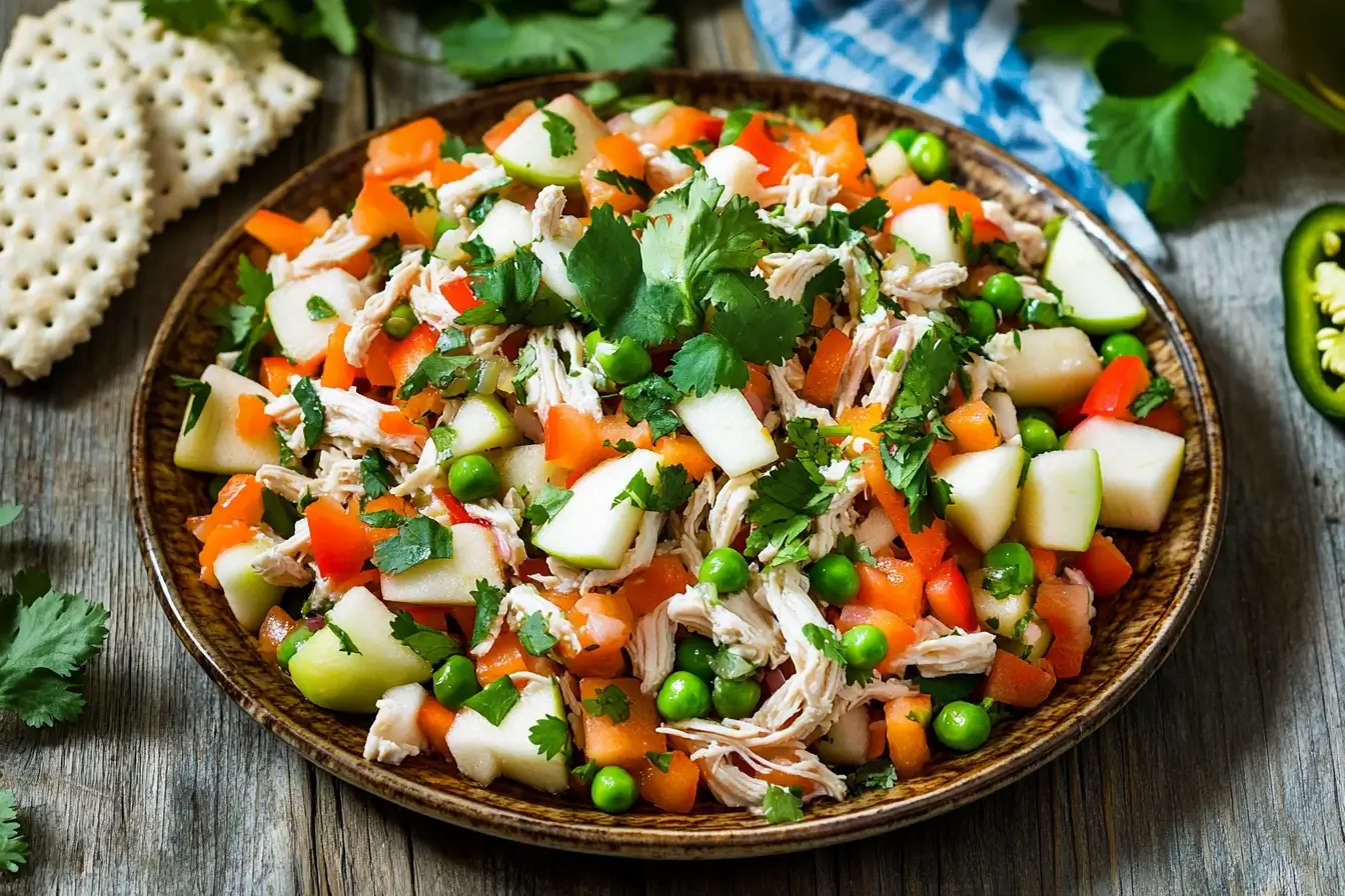 Mexican Chicken Salad with crackers and jalapeños