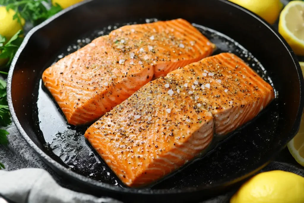 Salmon Caesar Salad – The Ultimate Guide to a Classic Twist 3 Pan-Seared Salmon in a Cast Iron Skillet with Golden crus.