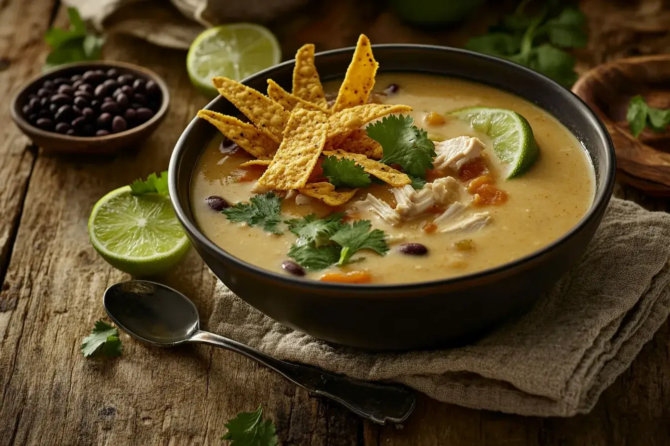 Panera Chicken Tortilla Soup in a bowl with garnishes