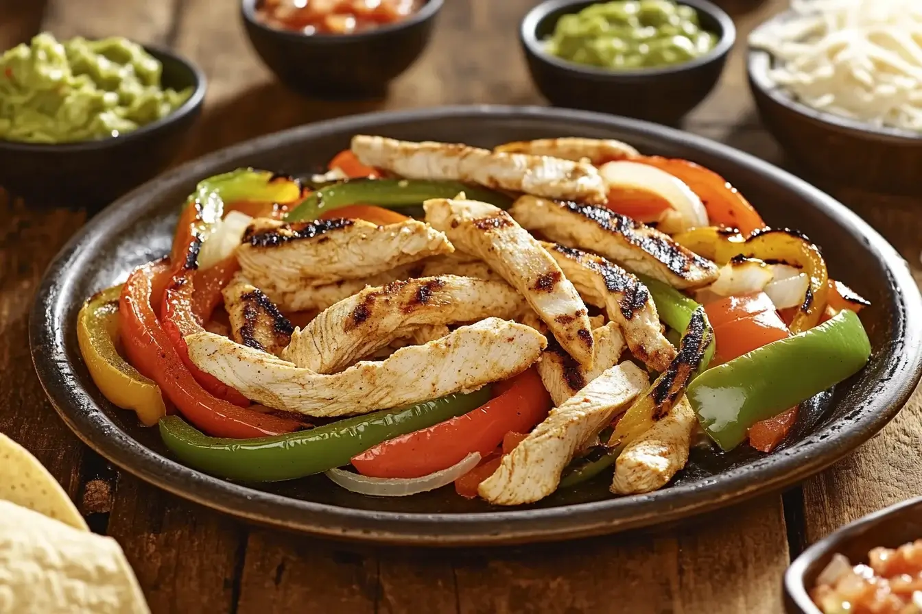 Plated chicken fajitas with colorful vegetables and tortillas