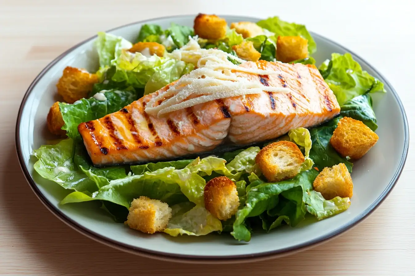 Plated salmon Caesar salad with grilled salmon, croutons, and Parmesan