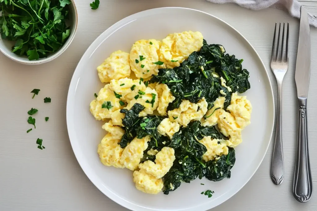 Garlic Butter Eggs Recipe – A Flavorful Breakfast Delight 3 Scrambled garlic butter eggs Recipe with sautéed spinach on a plate