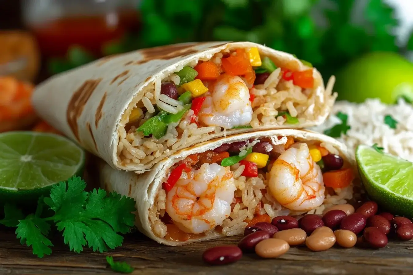 Sliced shrimp burrito with colorful fillings and fresh ingredients